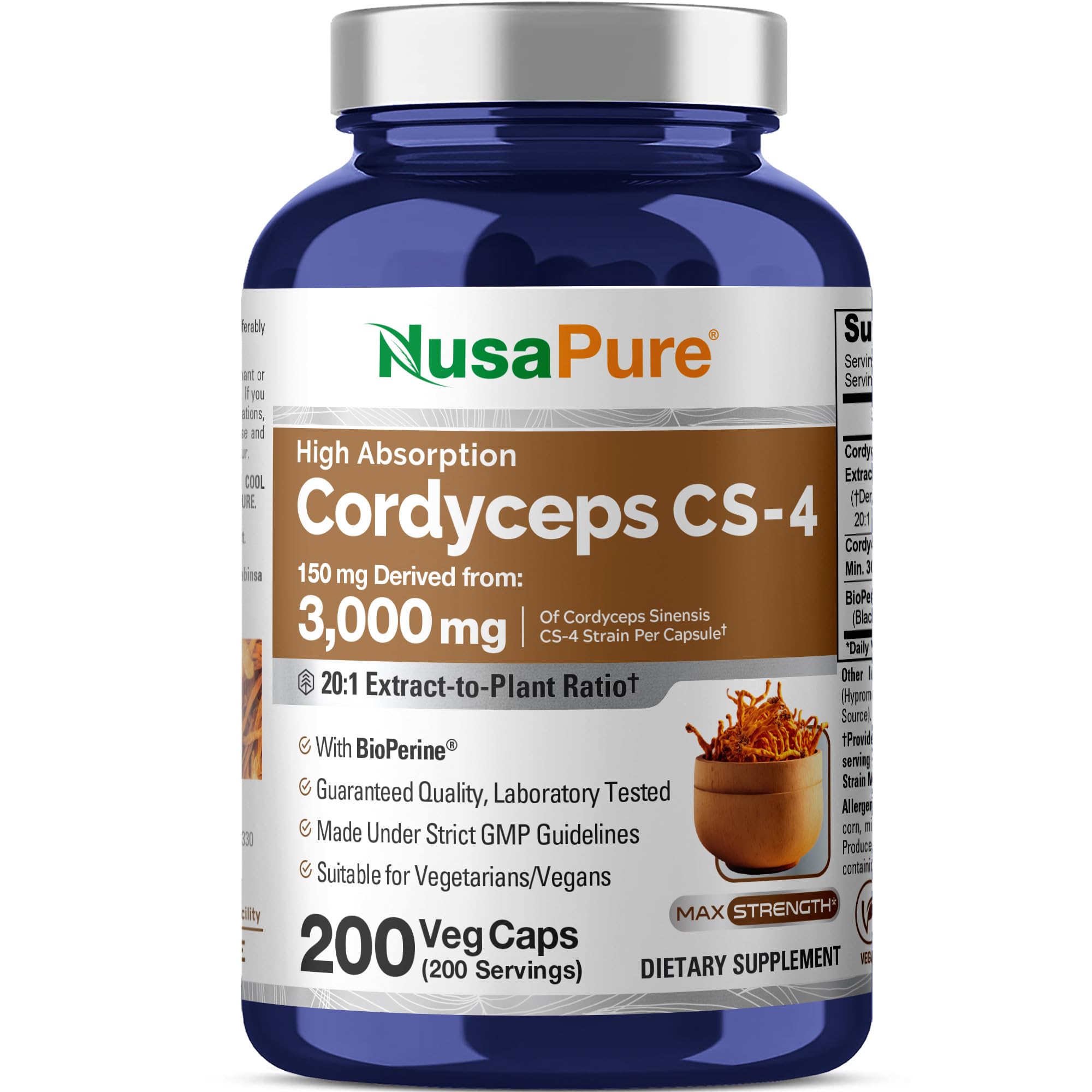 NusaPure Cordyceps 20:1 Extract, 150 mg Equivalent to 3,000mg 200 Veggie Capsules (Sinensis CS-4, Non-GMO, Vegan) Bioperine NusaPure uk supplements