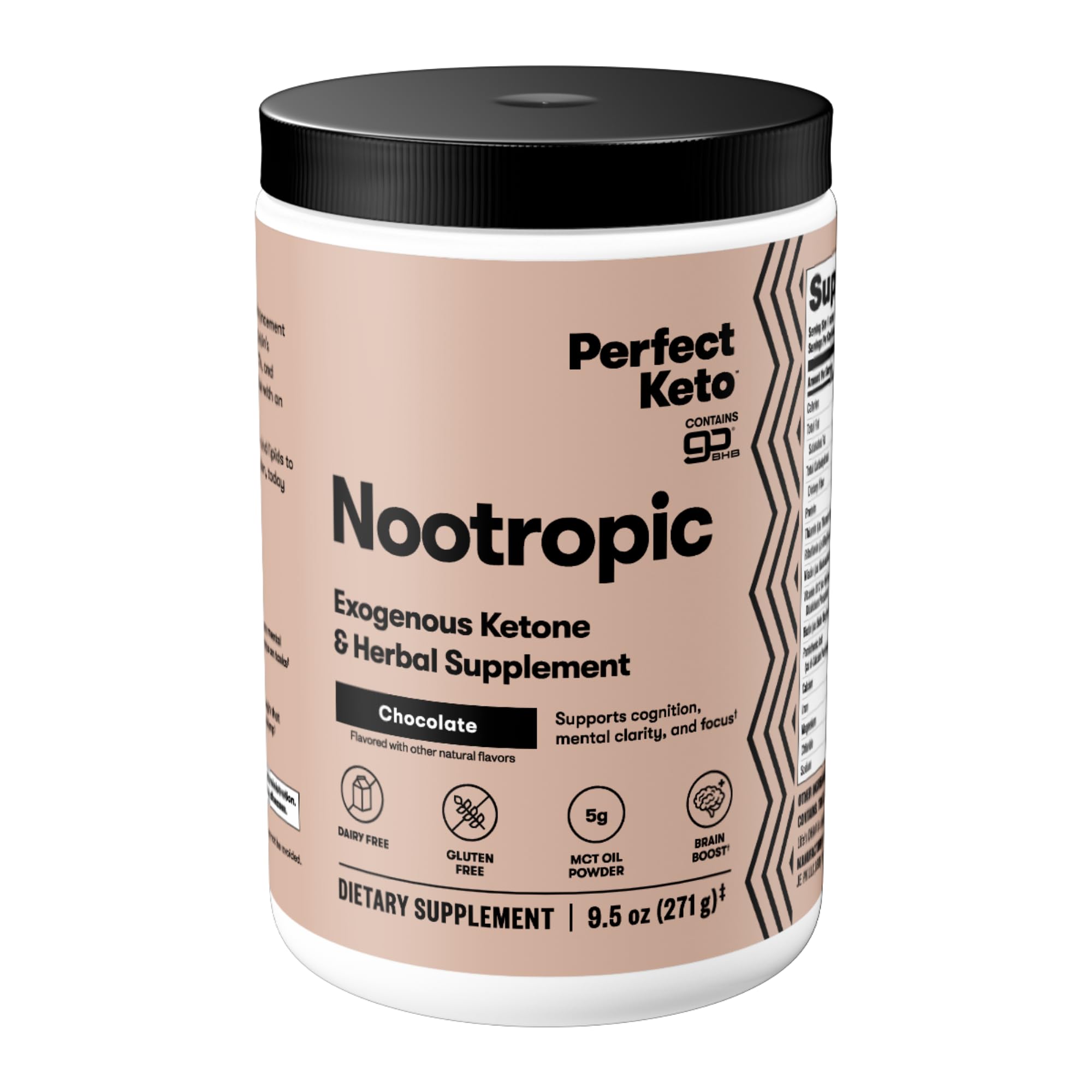 Perfect Keto Nootropic Brain Support, Caffeine Free Focus and Energy Supplement with Alpha Lipoic Acid, L Theanine, Ginkgo Biloba, Alpha GPC, MCT's, Collagen, Ketones, Chocolate Drink Mix, 15 Servings Perfect Keto uk supplements