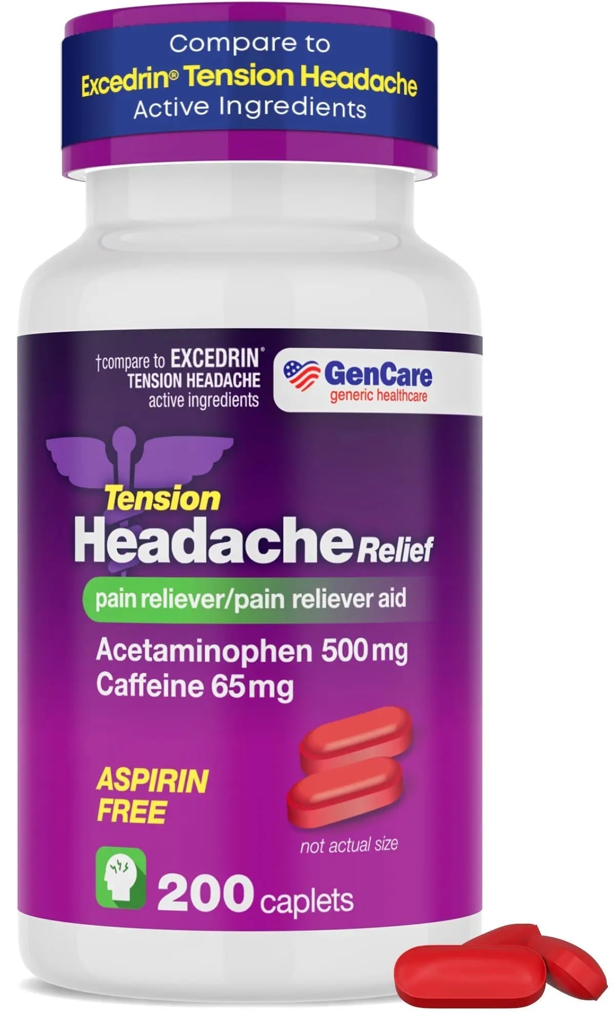GenCare - Tension Headache Relief Pain Reliever with Acetaminophen 500 mg & Caffeine 65 mg (200 Caplets) Best Value Bulk Extra Strength for Head, Migraine, Joint Pain & Body Ache Relief Medicine GenCare uk supplements