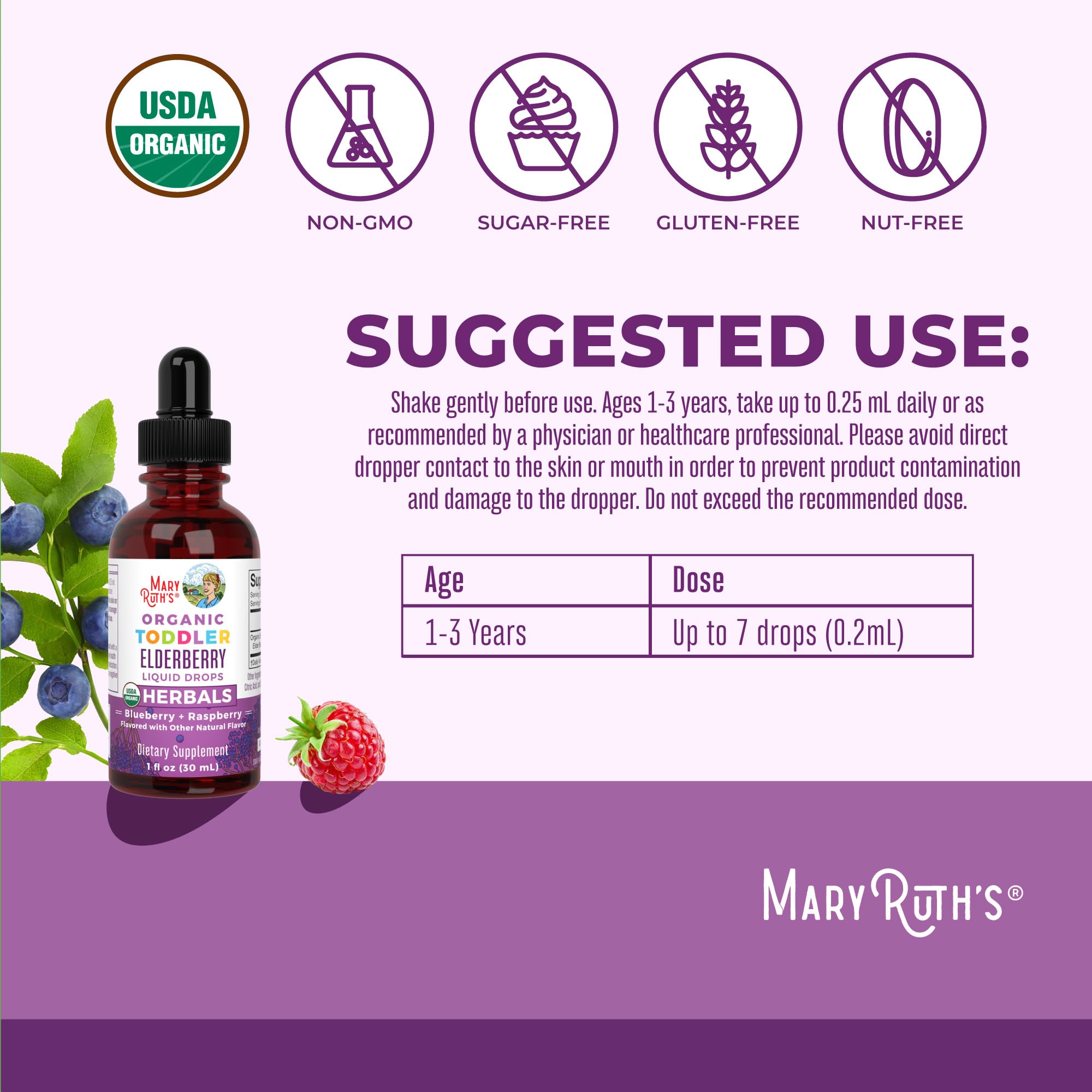 MaryRuth Organics Toddler Elderberry Syrup, USDA Organic Elderberry, Sugar Free Kids Immune Support Supplement for Ages 1-3 Years, Clean Label Project Verified®, Vegan, Non-GMO, Gluten Free, 1 Fl Oz MARYRUTH'S uk supplements