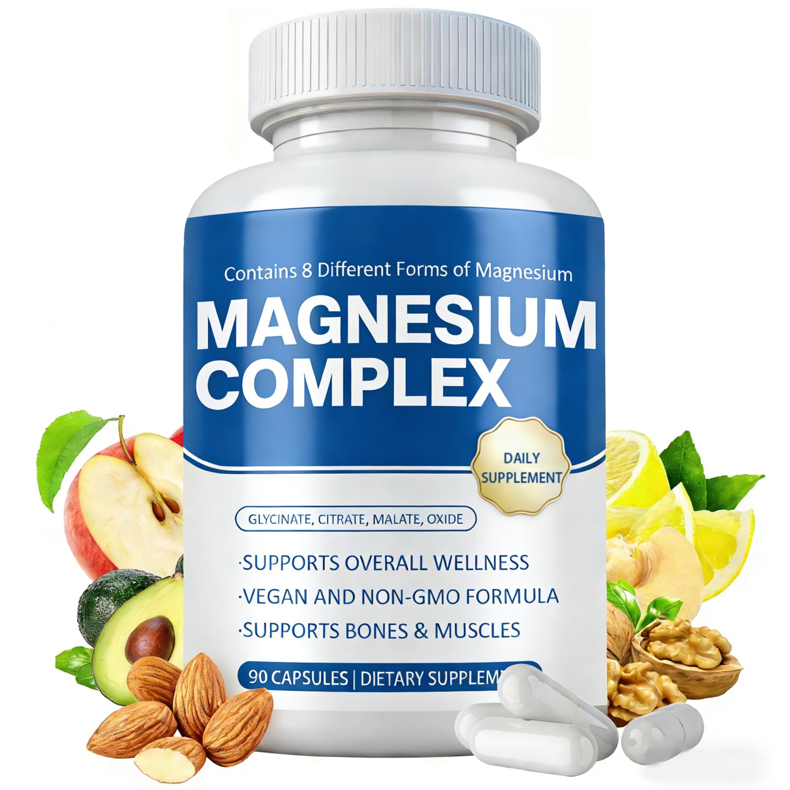 Magnesium Complex Supplement 8 Elemental - Magnesium Glycinate, Citrate, Malate, Oxide | Easy Absorption for Bones, Muscle, Energy, Vegan, Non-GMO 90 Capsules (1pc) OFHOFH uk supplements