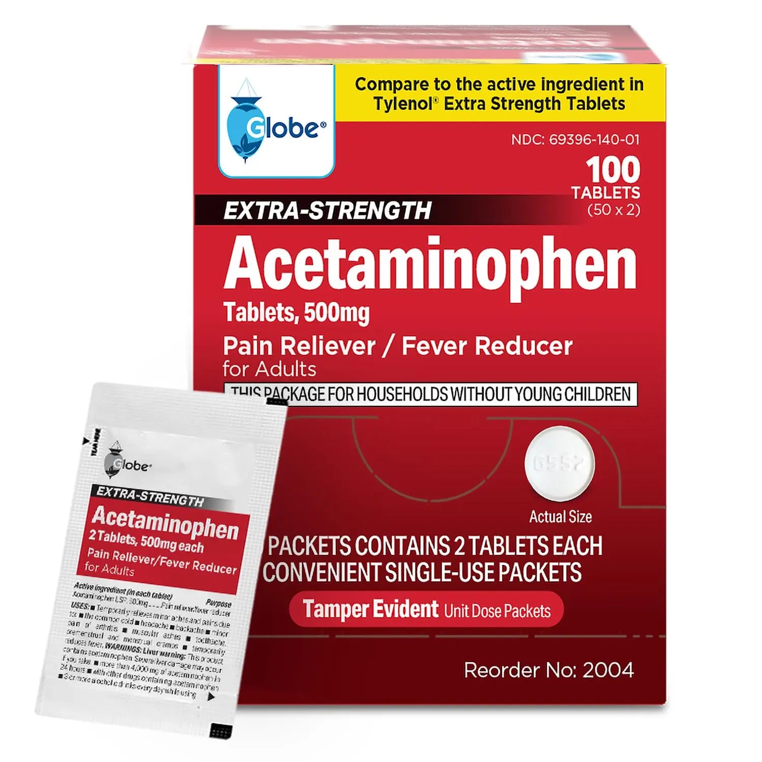 Globe Extra Strength Acetaminophen Tablets 500 mg, Pain Reliever and Fever Reducer, Gentle on Stomach, for Arthritis Pain, Backache Pain and More, 50 Packets of 2 Tablets Each, 100 Count Globe uk supplements