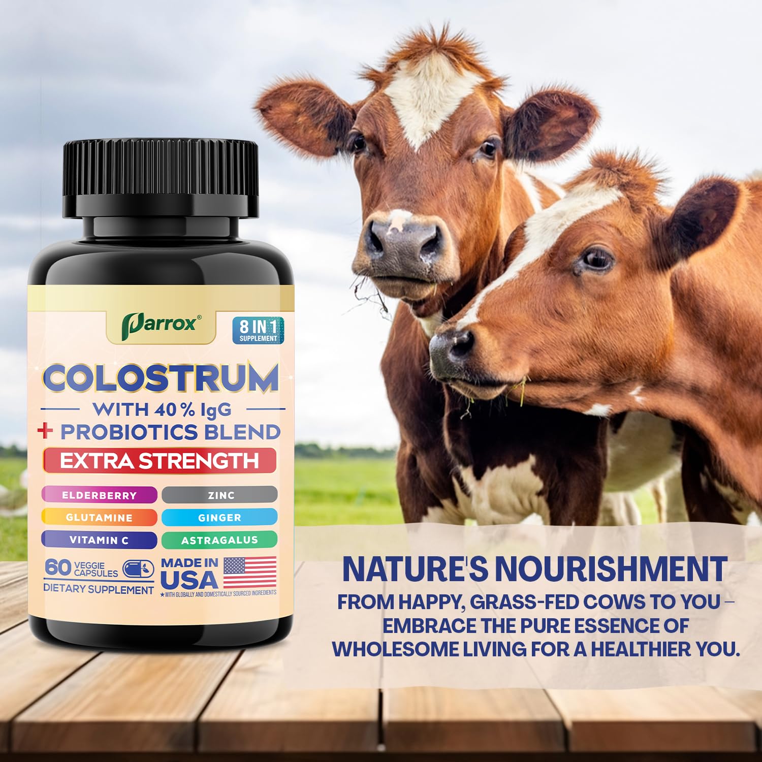 Parrox Colostrum Supplement Capsules, Grass Fed Cow Colostrum with 40% IgG, Probiotics Blend, Elderberry, Astragalus, Zinc, Ginger, Vitamin C, L-Glutamine, 8 in 1 Extra Strength Bovine Boost (60 Caps) Parrox uk supplements