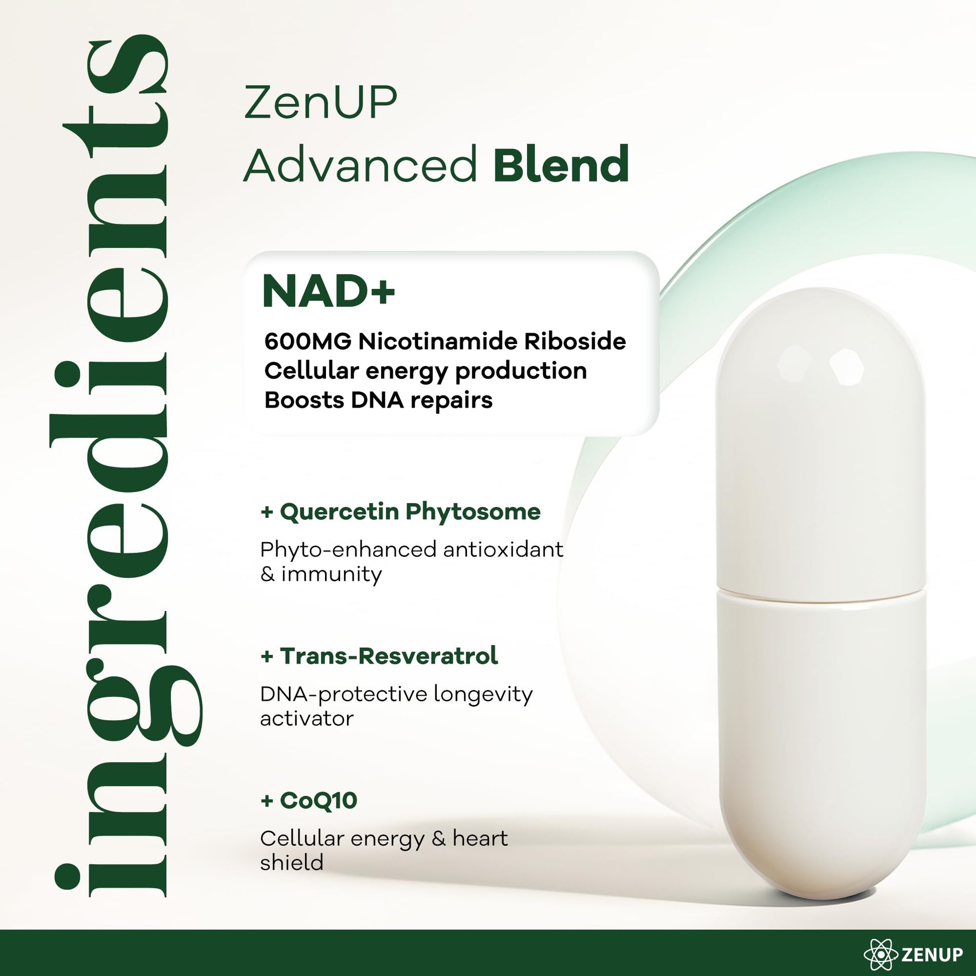 ZenUP NAD+ Supplement | 1100mg Liposomal Nicotinamide Riboside with Resveratrol & Quercetin | Anti-Aging, Cellular Energy, Mental Focus | 120 Caps ZenUP uk supplements