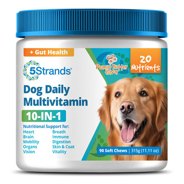 5Strands Dog Multivitamin Chews, 10-in-1, Vitamins & Postbiotics, All Ages & Breeds - Digestion, Brain, Organs, Heart, Mobility, Vision, Skin & Coat, Immunity - Dog Supplement (Peanut Butter, 90ct) 5Strands uk supplements