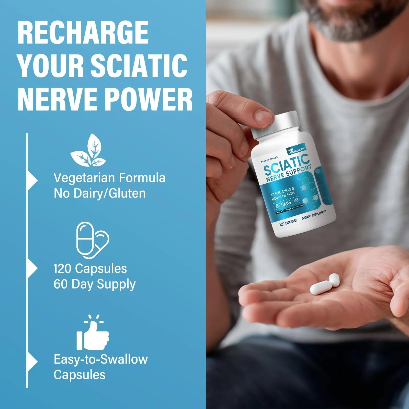 Sciatic Nerve Support Supplement, 120 Capsules Nerve Savior for Neuropathy, Premium Formula with Natural Botanical & Vitamin Complex Vivaherbal uk supplements