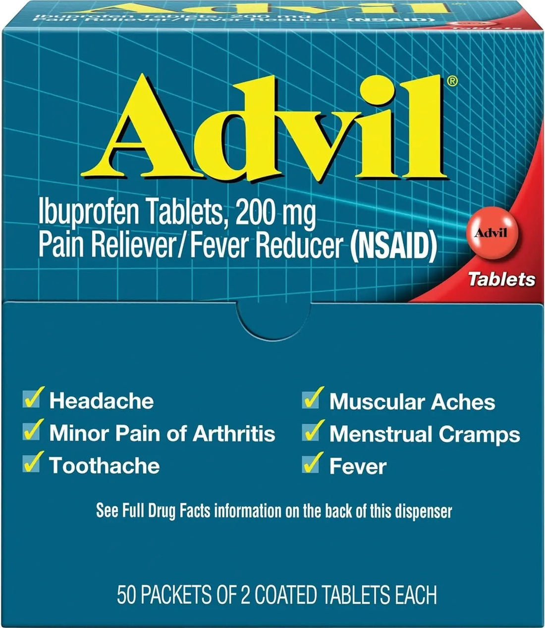 Advil Ibuprofen, 200mg (50 Packets of 2 Coated Tablets) 50 ea (Pack of 3) Advil uk supplements