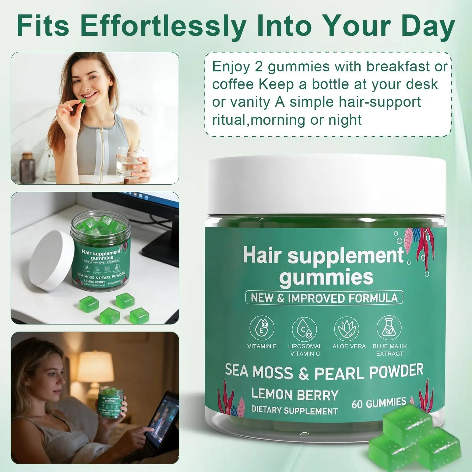 YATIME Hair Loss Gummies,Sea Moss Gummies with Vitamin C, Vitamin E, Aloe Vera, Pearl Powder Support Faster Hair Growth YATIME uk supplements