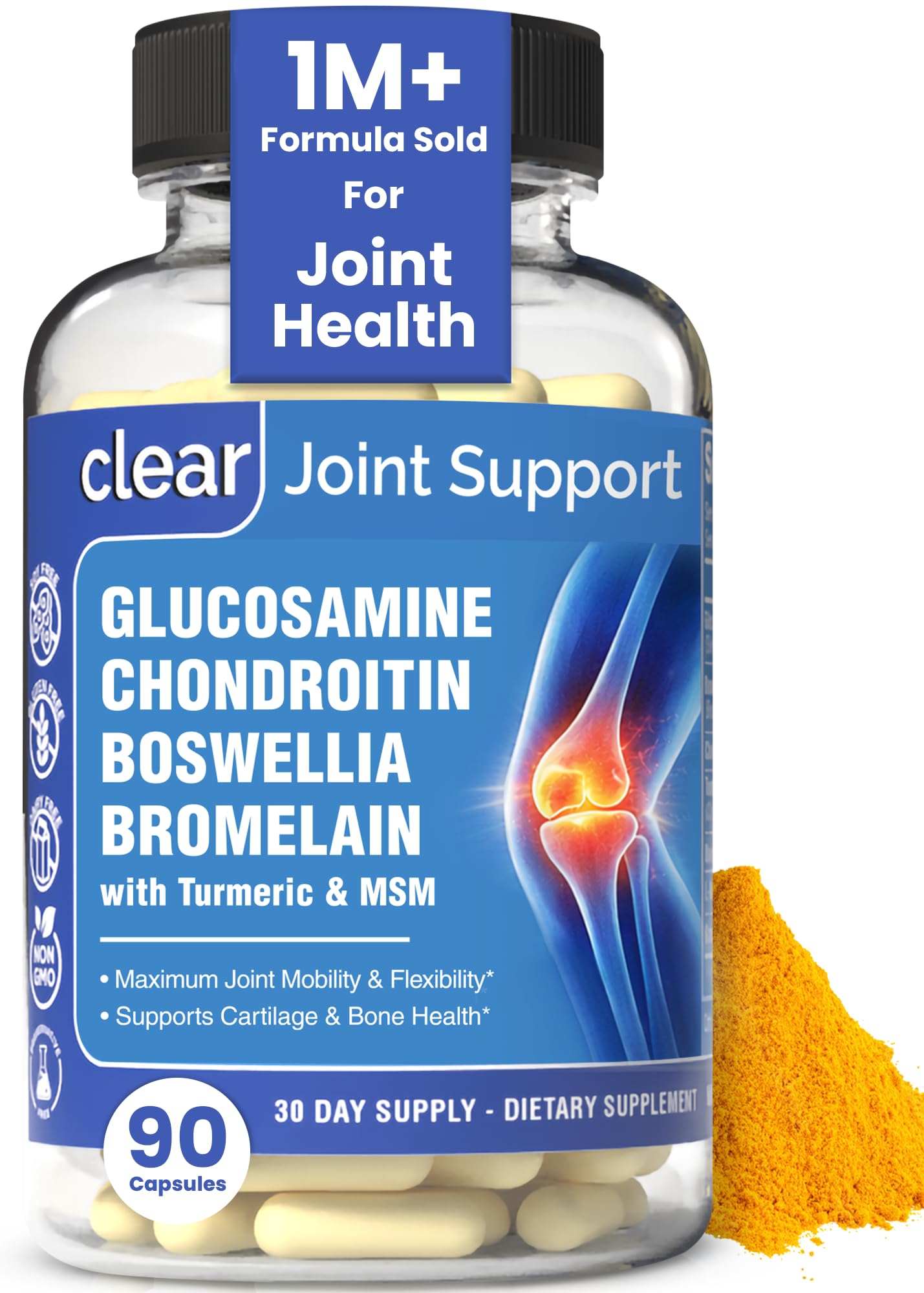 Clear Joint Support - 1500mg Glucosamine Chondroitin MSM - 8 in 1 Joint Health Supplement with Turmeric and Boswellia for Men & Women, Knee, Hip & Back Support, Made in USA, 90 Capsules Clear Probiotics uk supplements