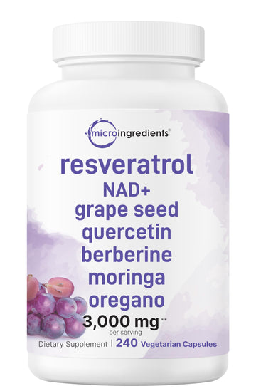 Micro Ingredients Resveratrol NAD Complex 3,000mg for Women & Men, 240 Veggie Capsules | NMN Supplement Alternative | 11-in-1 Blend with NAD+, Quercetin, Moringa, Berberine, Grape Seed, & Oregano Micro Ingredients uk supplements