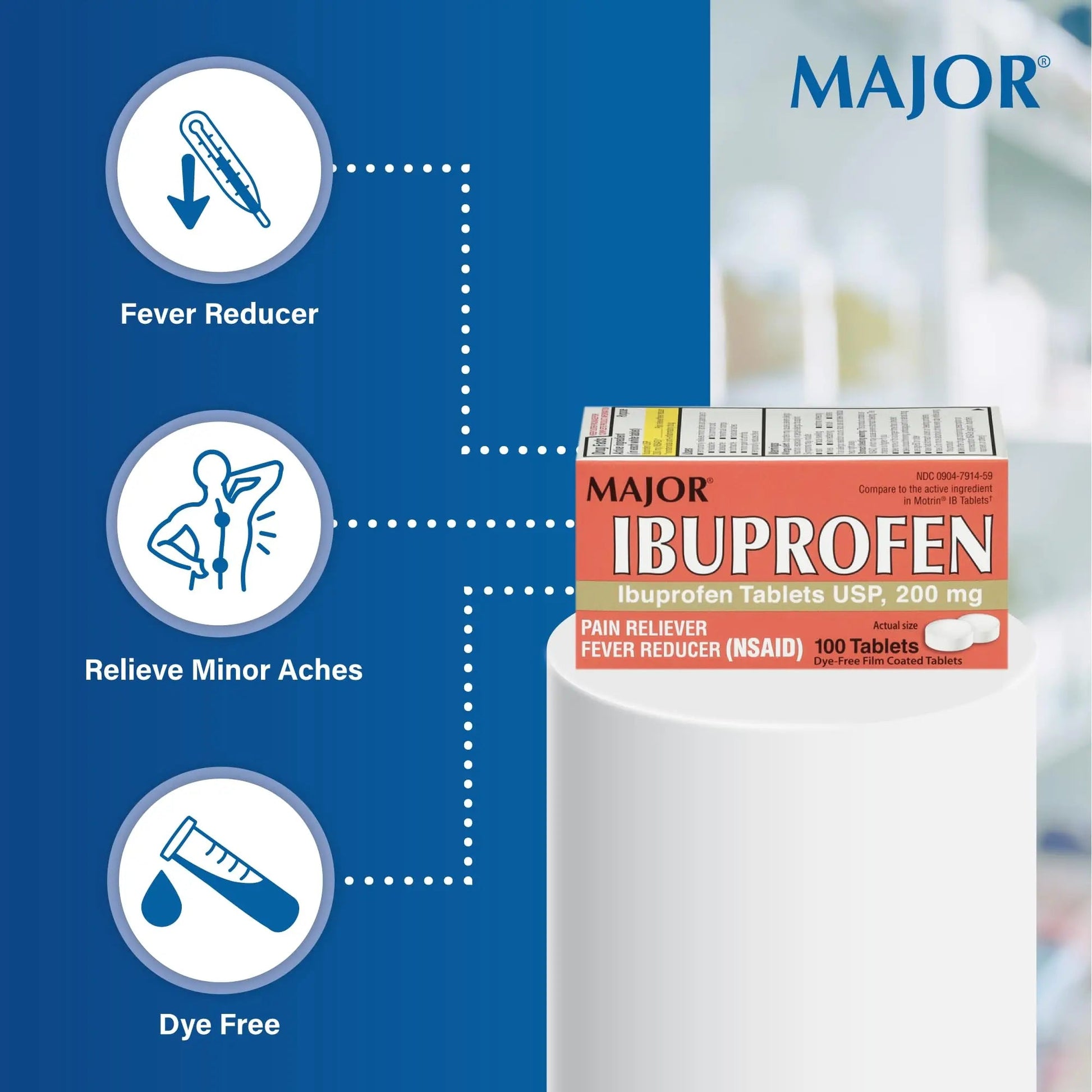 MAJOR Dye-Free Ibuprofen Tablets 200 mg - Helps Temporarily Reduce Fevers - Offers Pain Relief - 100 Tablets (1-Pack) MAJOR uk supplements