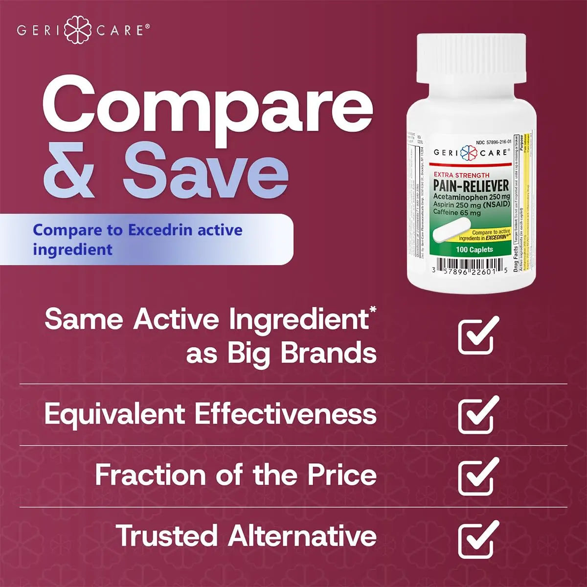 GeriCare Pain Reliever Extra Strength Caplets – 100 Count – Acetaminophen 250mg, Aspirin 250mg (NSAID), Caffeine 65mg – Powerful Triple-Action Formula for Headaches, Migraines & Minor Aches (2 Pack) GeriCare uk supplements