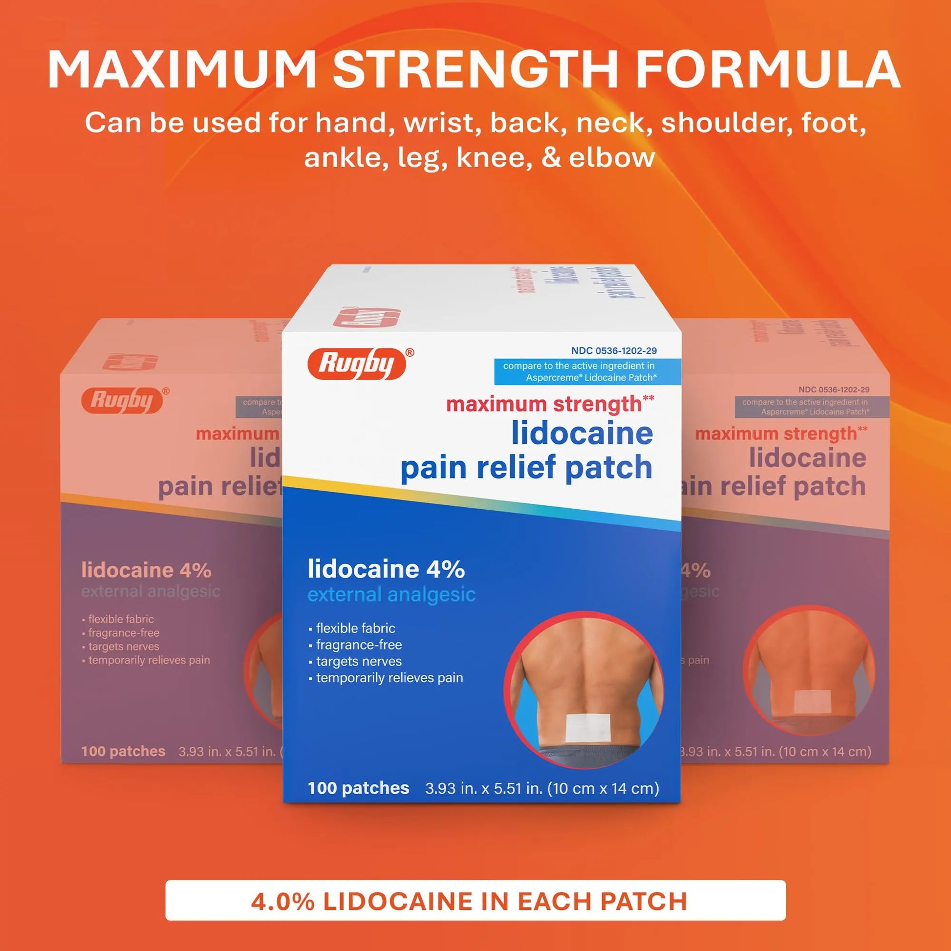 Rugby Maximum Strength 4% Lidocaine Pain Relief Patch- External Analgesic - Flexible Fabric, Fragrance-Free - Temporarily Relieves Pain - 100 Patches (10 cm x 14 cm Each) RUGBY LABORATORIES uk supplements