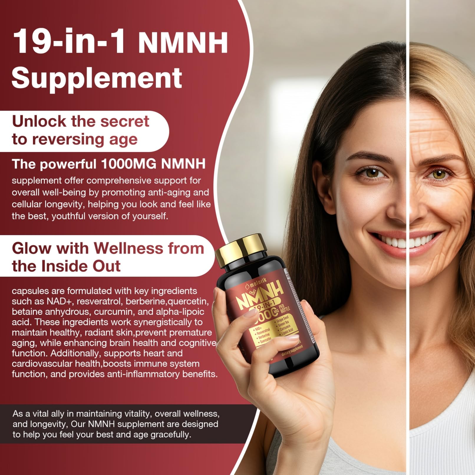 19 in 1 NMNH (Dihydronicotinamide Mononucleotide) 1000mg Per Serving, Nad Supplement Boost NAD+ Levels Nad Resveratrol Supplement with Quercetin, Vitamin D3 K2, Healthy Aging, Energy, 90 Capsules molorik pure uk supplements