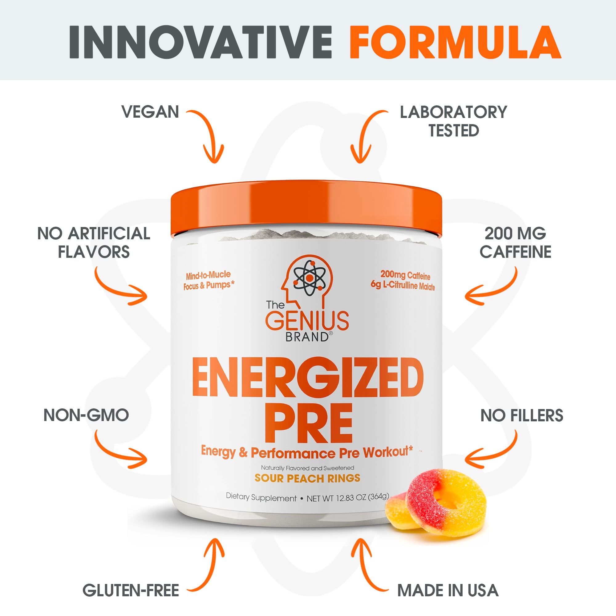 Genius Energized Pre Workout Powder – Caffeine Infused Pre-Workout Booster Supplement with Beta Alanine & Alpha GPC, No Artificial Sweeteners or Dyes - 200mg Caffeine, 20 Servings, Sour Peach Rings The Genius Brand uk supplements