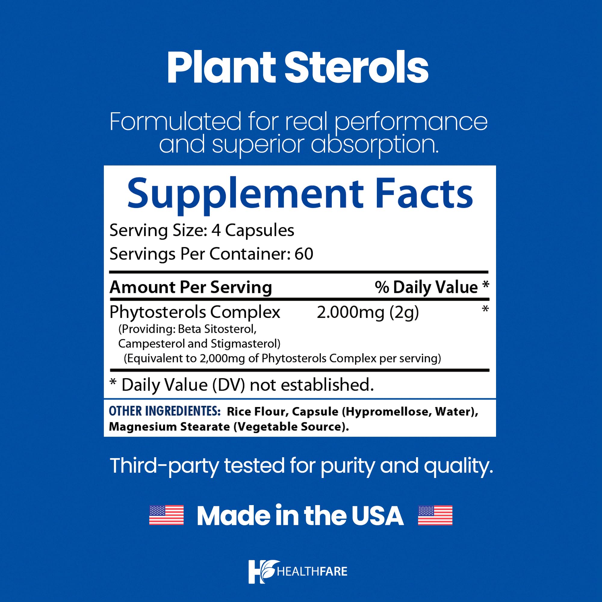 Healthfare Plant Sterols Capsules 2000mg | 240 Vegan Capsules | Beta Sitosterol & Phytosterol Complex | Plant-Based Supplement | Non-GMO & Gluten-Free | Made in the USA Healthfare uk supplements