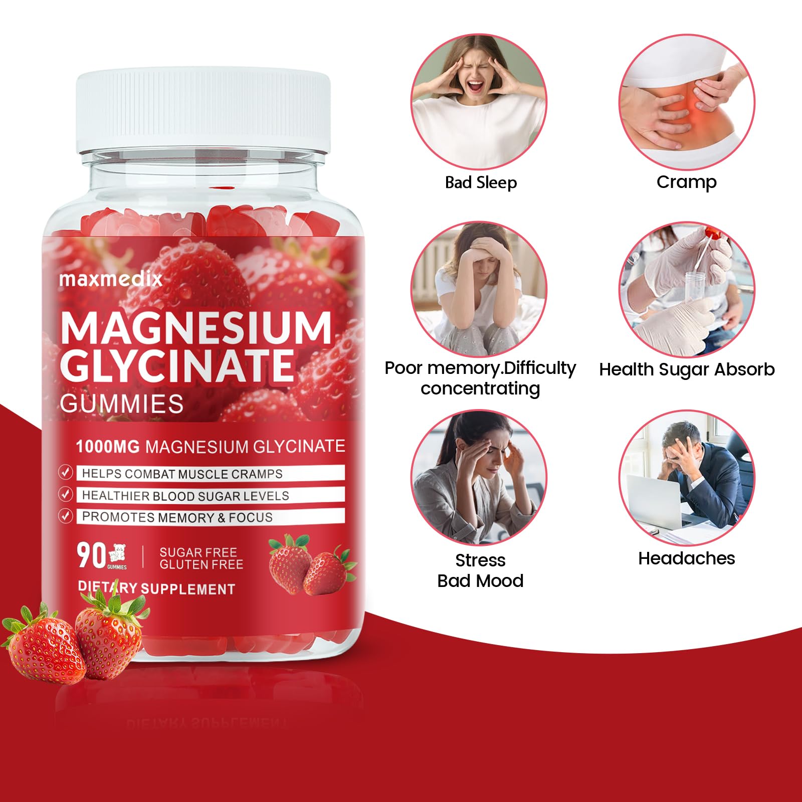 Magnesium Glycinate Gummies 1000mg, Sugar Free Magnesium Potassium Supplements Chewable for Adults with L-Threonate for Sleep, Body Support and Relaxation,90 Strawberry Gummies maxmedix uk supplements