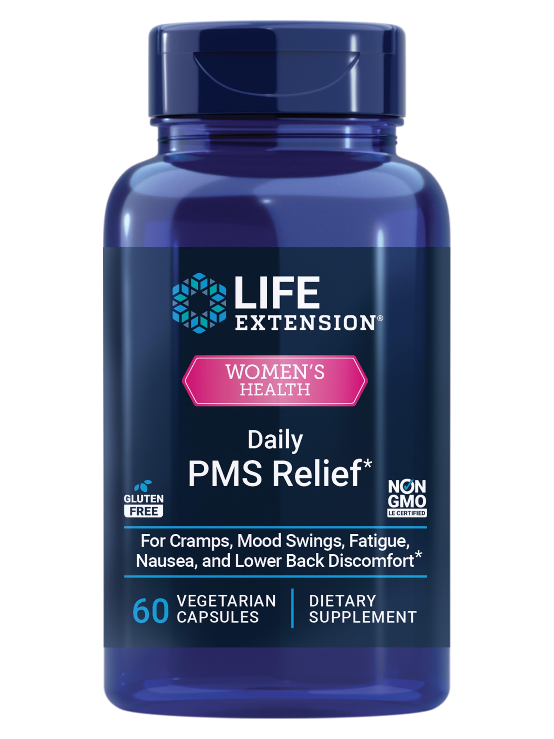 Life Extension Daily PMS Relief, Menstrual Comfort Supplement, PMS-Related Cramps, Lower Back discomfort, Mood, Ginger, Magnesium, B6, Gluten-Free, Non-GMO, 60 Capsules Life Extension uk supplements