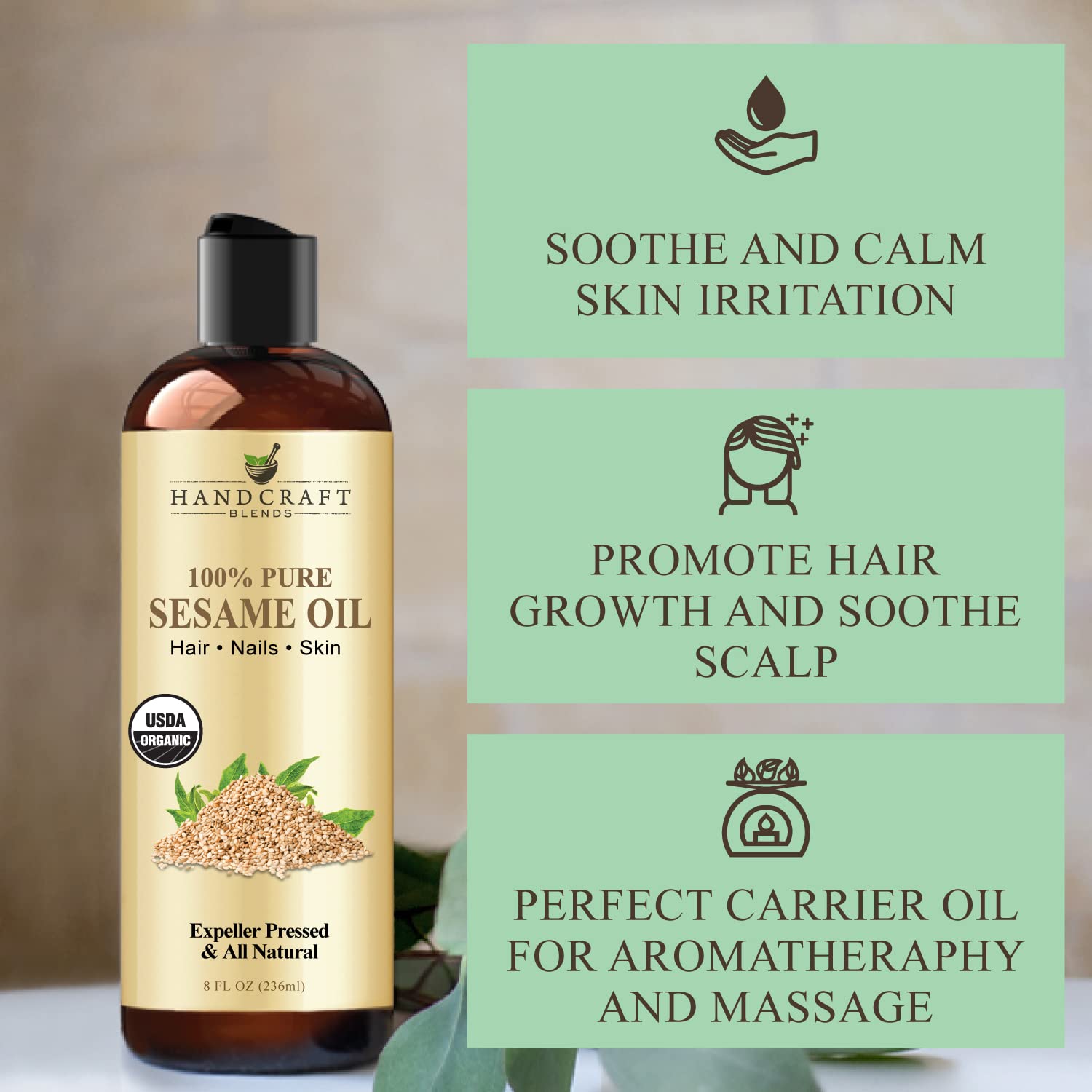 Handcraft Blends Organic Sesame Oil for Skin and Hair 8 oz - 100% Pure and Natural - Premium Handcraft Blends uk supplements