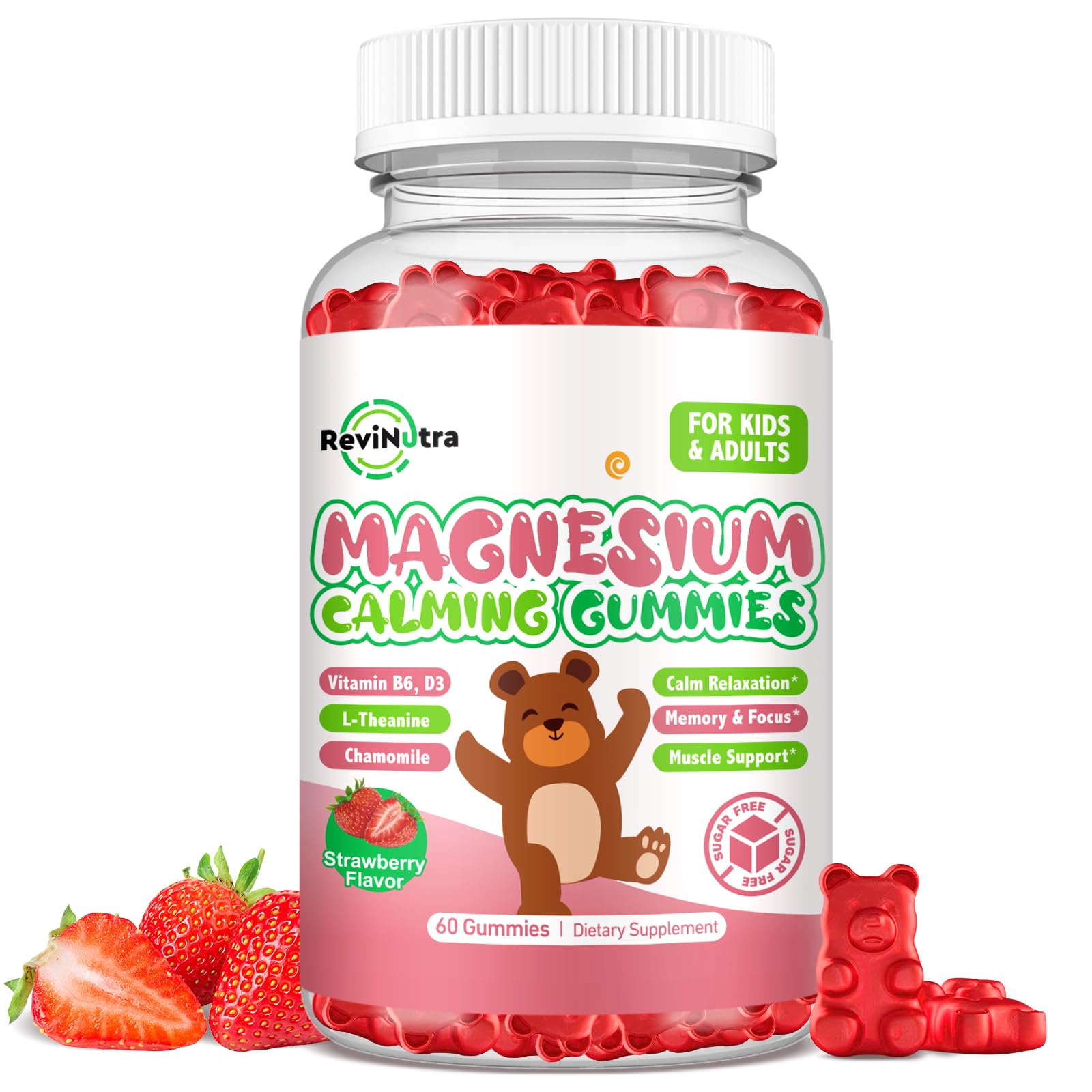 Magnesium Gummies for Kids - Magnesium Glycinate Gummies Supplement with L-Theanine, Vitamin B6, D3 for Kids & Adults Sleep, Calm, Relaxation, Brain, Bones, Sugar Free Strawberry 60ct ReviNutra uk supplements