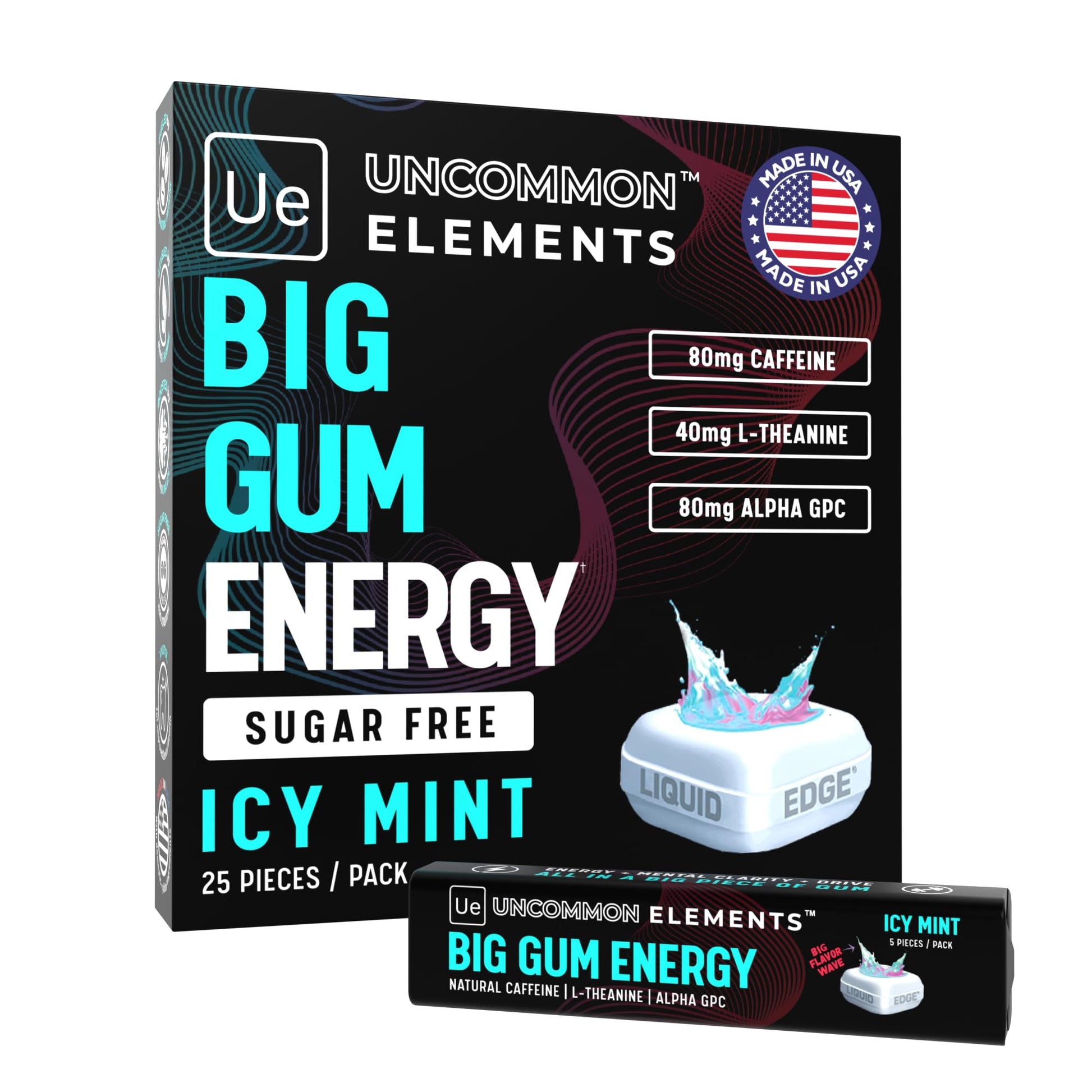 BIG GUM ENERGY & FOCUS – 80mg Caffeine + 40mg L-Theanine + 80mg Alpha GPC – Nootropic Chewing Gum for Focus, Energy & Execution – Icy Mint – 25 Pieces (5 Packs) Gym & Work Execution. UNCOMMON ELEMENTS uk supplements