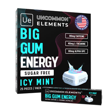 BIG GUM ENERGY & FOCUS – 80mg Caffeine + 40mg L-Theanine + 80mg Alpha GPC – Nootropic Chewing Gum for Focus, Energy & Execution – Icy Mint – 25 Pieces (5 Packs) Gym & Work Execution. UNCOMMON ELEMENTS uk supplements