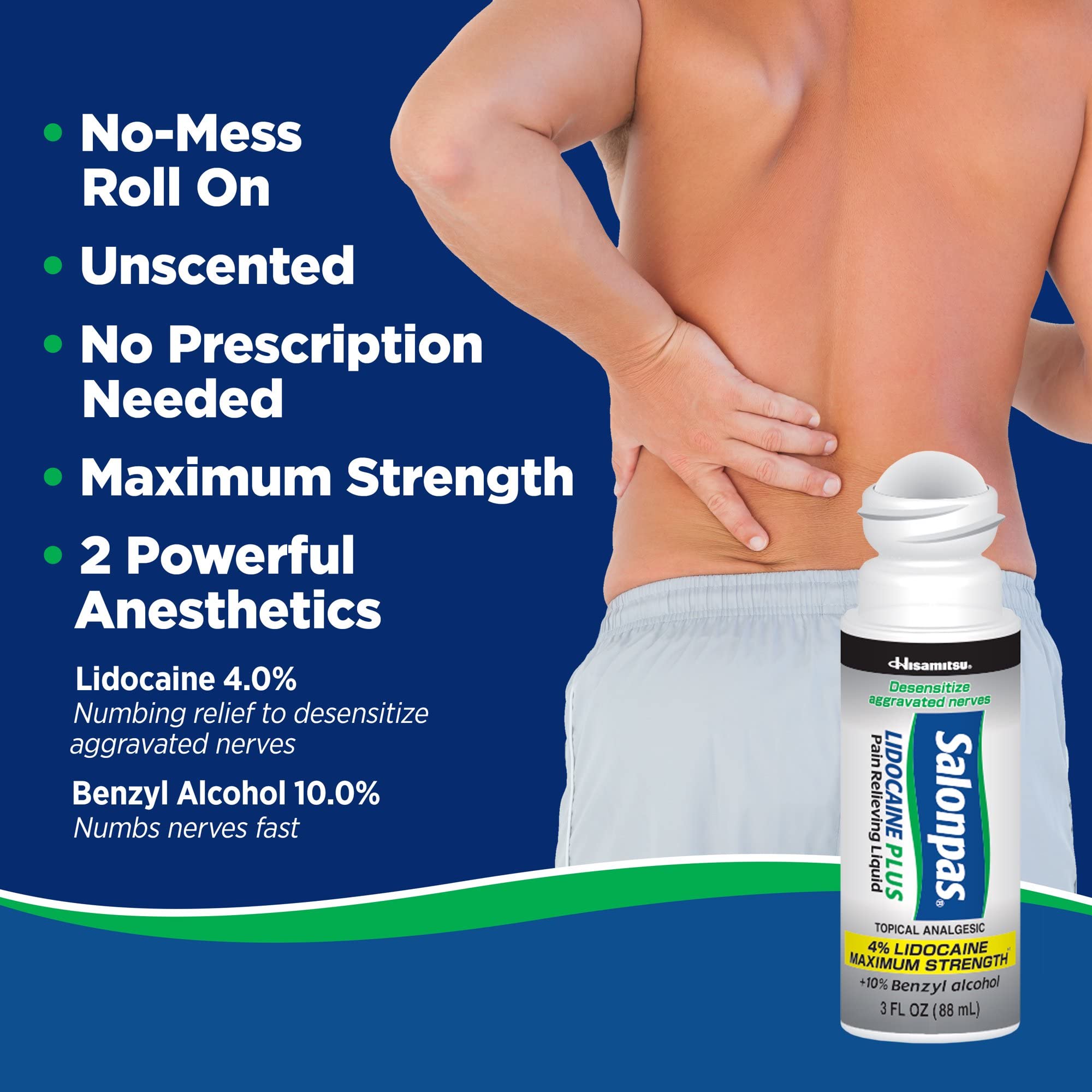 Salonpas LIDOCAINE Plus 3 oz ROLL ON Pain Relieving Liquid! Maximum Strength 4% Lidocaine for Numbing Pain Relief! Mess Free Application! (3 Pack) Salonpas uk supplements