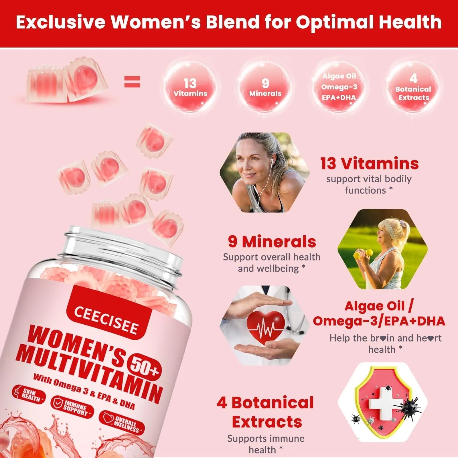 Ceecisee Vitamin Gummies for 50+ Women: Organic Vegan Multivitamin with Iron Omega3 B12 D3 Biotin Zinc Ashwagandha for Hair Skin Health Energy Immune Suppor Ceecisee uk supplements
