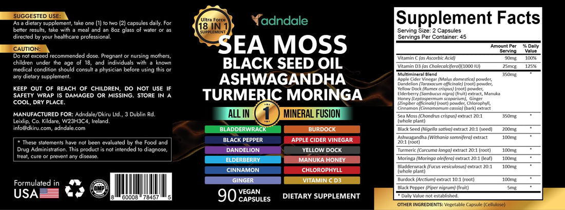 Adndale Sea Moss Capsules - Sea Moss Blend with Ashwagandha, Turmeric & Black Seed Oil - 180 Count Adndale uk supplements
