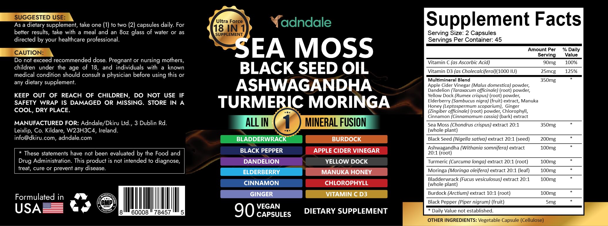 Adndale Sea Moss Capsules - Sea Moss Blend with Ashwagandha, Turmeric & Black Seed Oil - 180 Count Adndale uk supplements