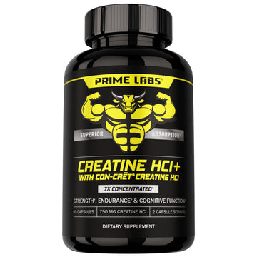 Prime Labs Creatine HCl Capsules - with CON-CRĒT®, Rhodiola Root Extract, & L-Theanine - Muscle Support, Endurance, Cognitive Function - for Men & Women - 60 Pills Prime Labs uk supplements