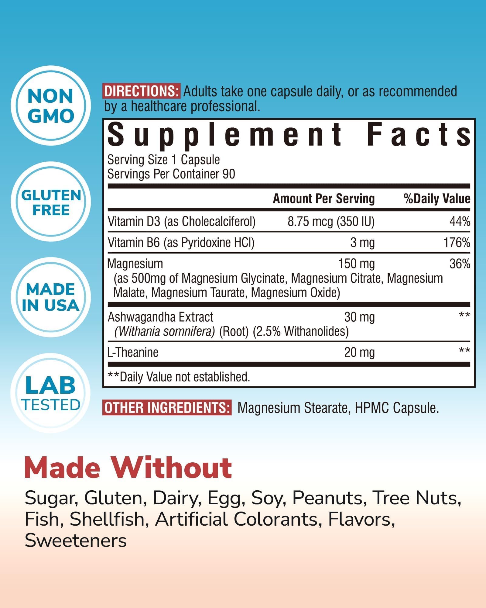 Vitalibre Magnesium Complex with Ashwagandha & L-Theanine - Stress Relief, Bone & Relaxation Support - w/Vitamin D3, B6 - Glycinate, Citrate, Malate, Taurate - 90 Vegan Capsules, Non-GMO, Gluten Free Vitalibre uk supplements