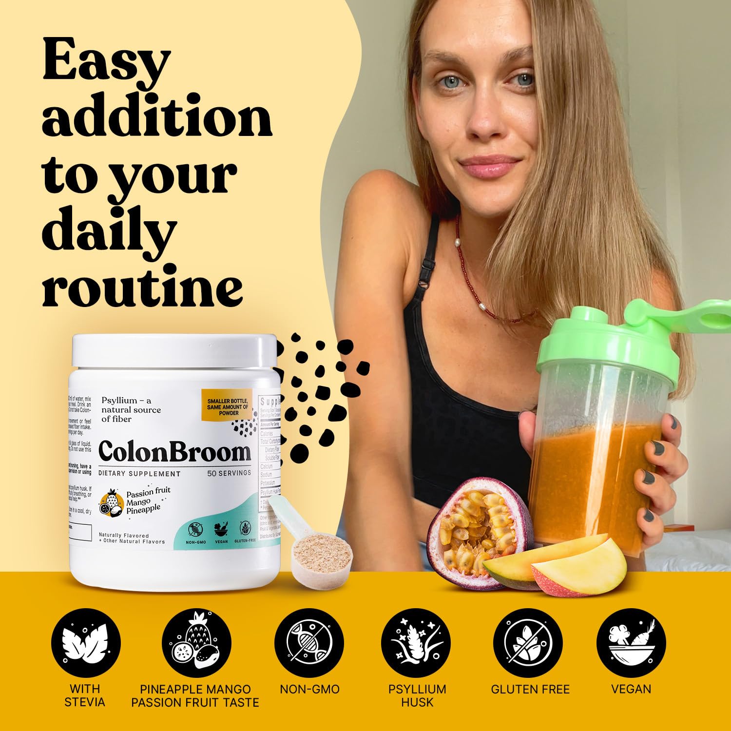 ColonBroom Psyllium Husk Powder with Stevia (Tropical Fruits) - Colon Cleanse for Bloating Relief & Gut Health - Colon Broom Fiber Powder Drink - Vegan Fiber Powder Stevia Supplement, 50 Servings ColonBroom uk supplements
