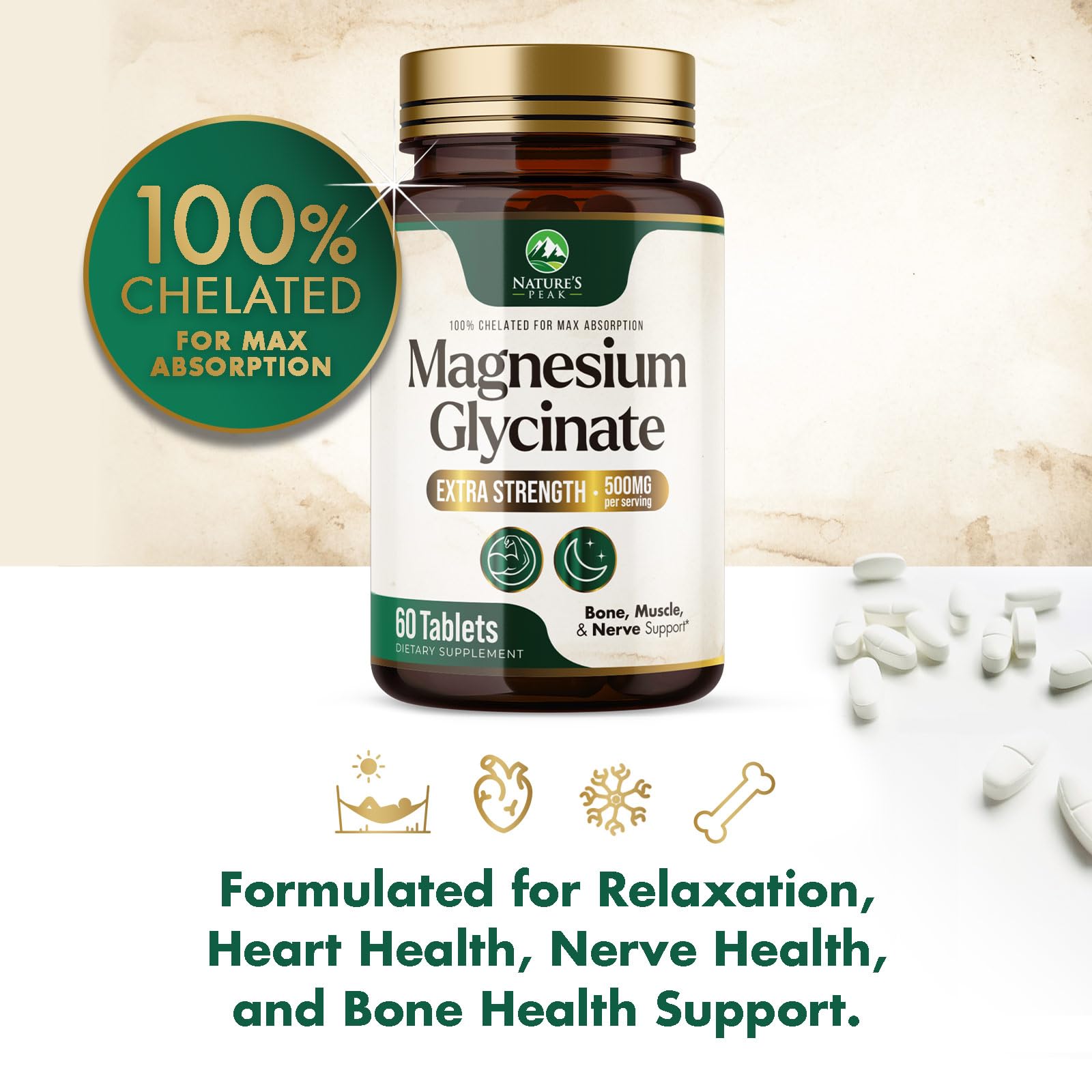 Magnesium Glycinate 500mg Per Serving - High Absorption Chelated Magnesium Supplement for Muscle, Bone and Heart Health Support - Easy Digestion & Gentle on Your Stomach - USA Bottled - 60 Tablets Nature's Peak uk supplements