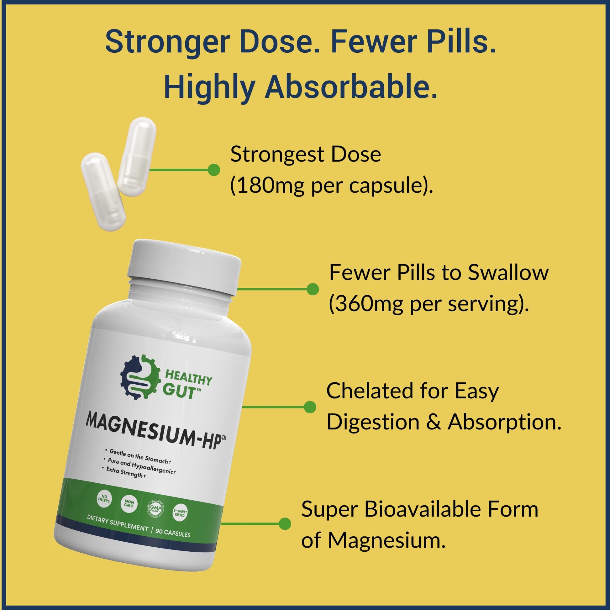 Healthy Gut Magnesium-HP | Ultra Pure Magnesium Glycinate Capsules with Zero Fillers | 180 mg Magnesium Glycinate | 90 Servings Healthy Gut uk supplements