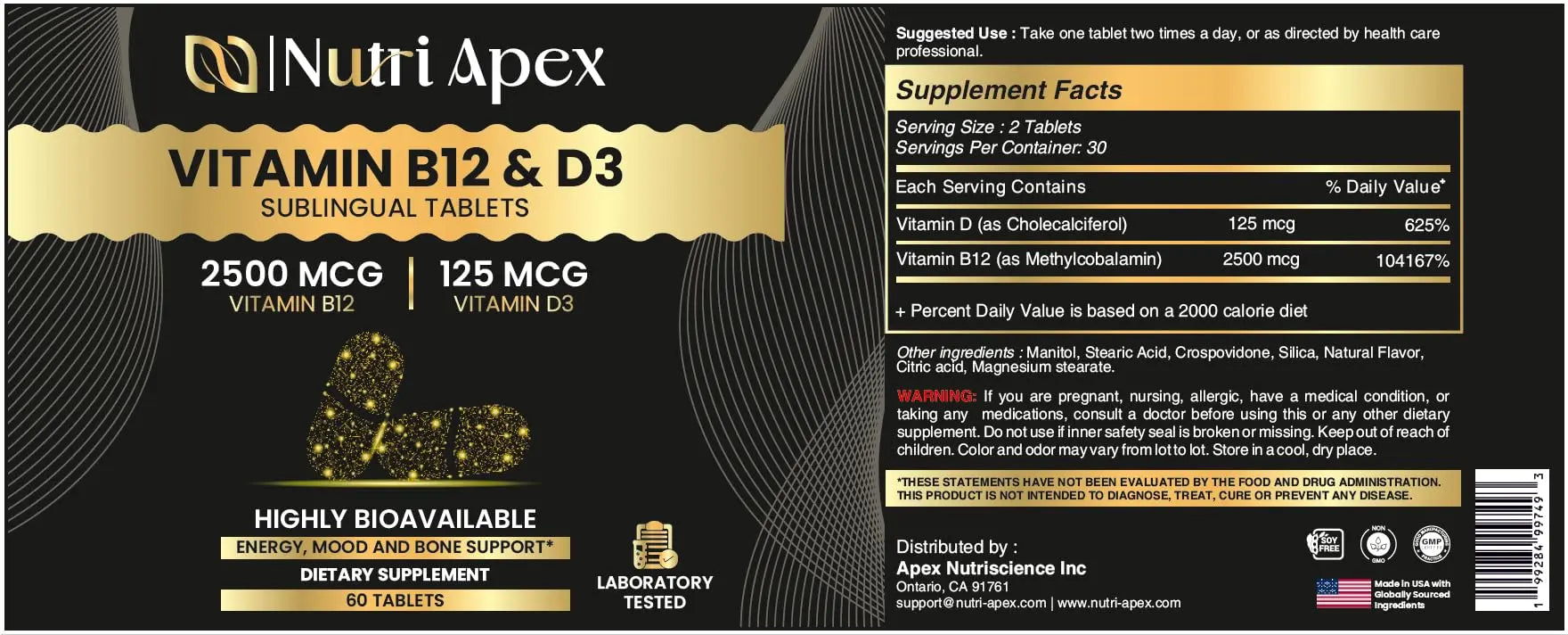 Nutri Apex Vitamin B12 & D3 Sublingual Tablets - 2500 mcg B12 & 125 mcg (5000 IU) D3 - Highly Bioavailable for Energy, Mood & Bone Health - Lab-Tested Nutri Apex uk supplements