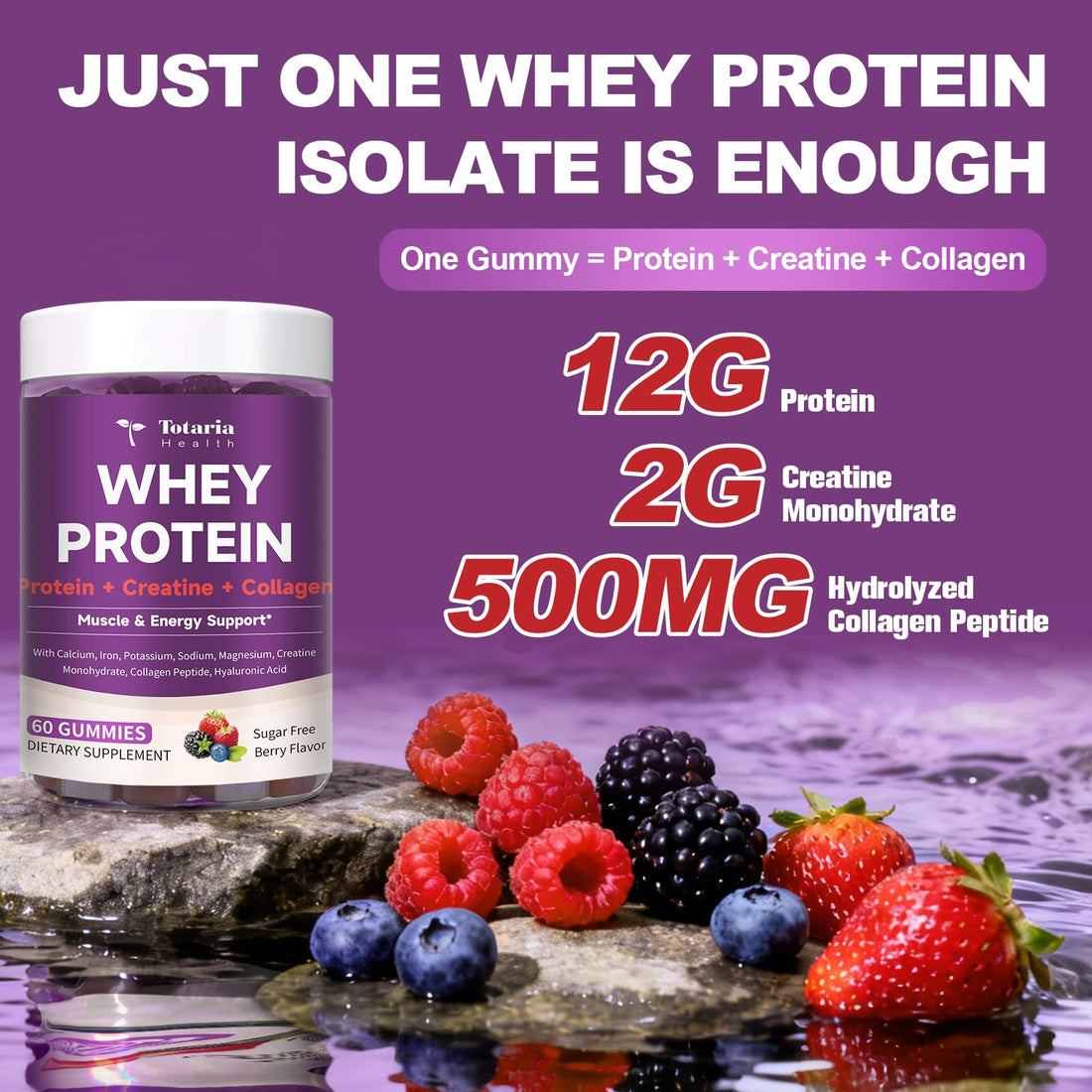 3 in 1 Whey Protein Gummies | Creatine Monohydrate | Collagen, 0 Sugar, Pure Protein Source, Muscle & Energy Support, Berry Flavor, for Women and Men Totaria uk supplements