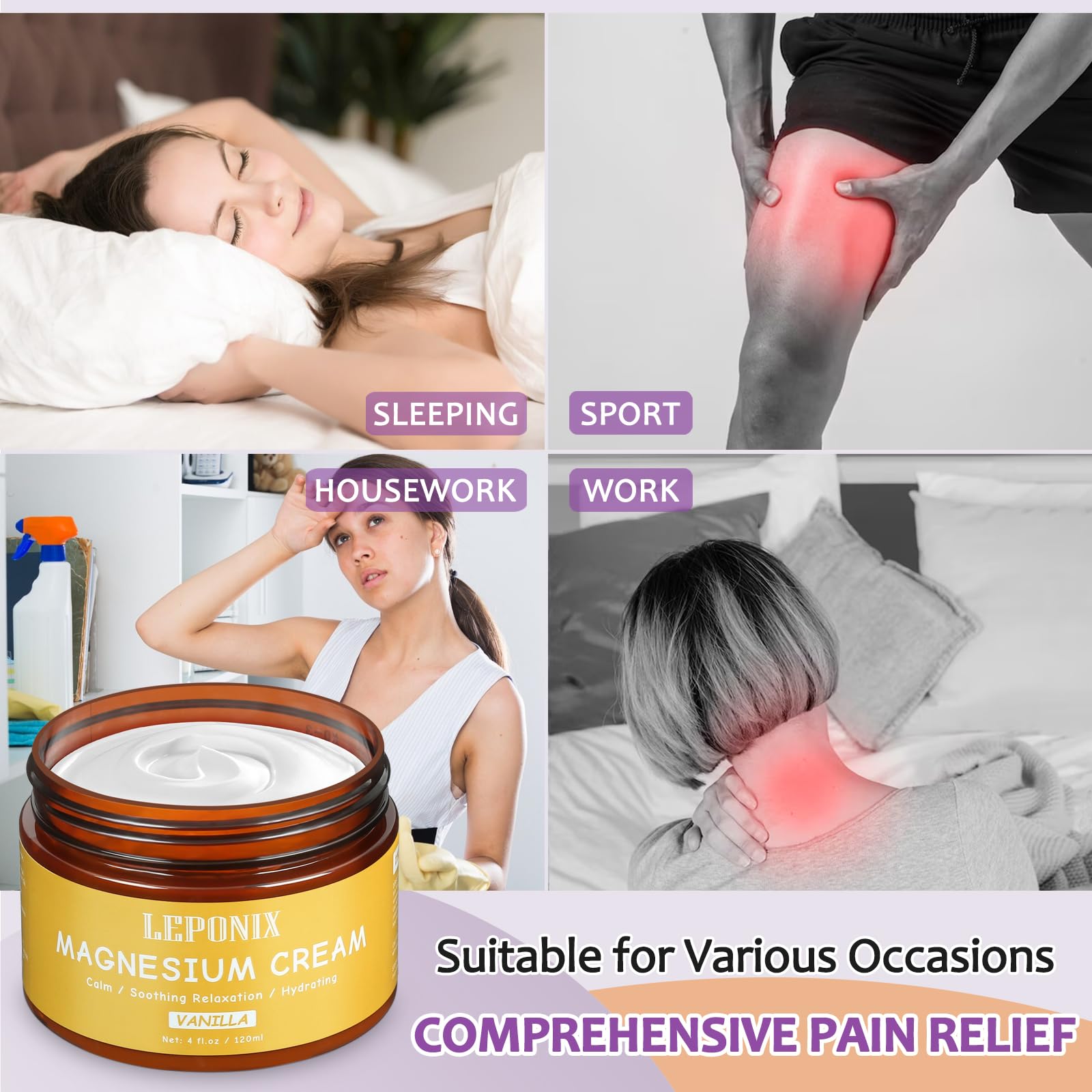 Magnesium Cream for Sleep & Muscle Recovery - Soothing Topical Magnesium Lotion for Leg Cramps, Joint Comfort, Pain Relief - Relaxing Magnesium Body Butter for Men Women Kids (120ml, Vanilla) LEPONIX uk supplements