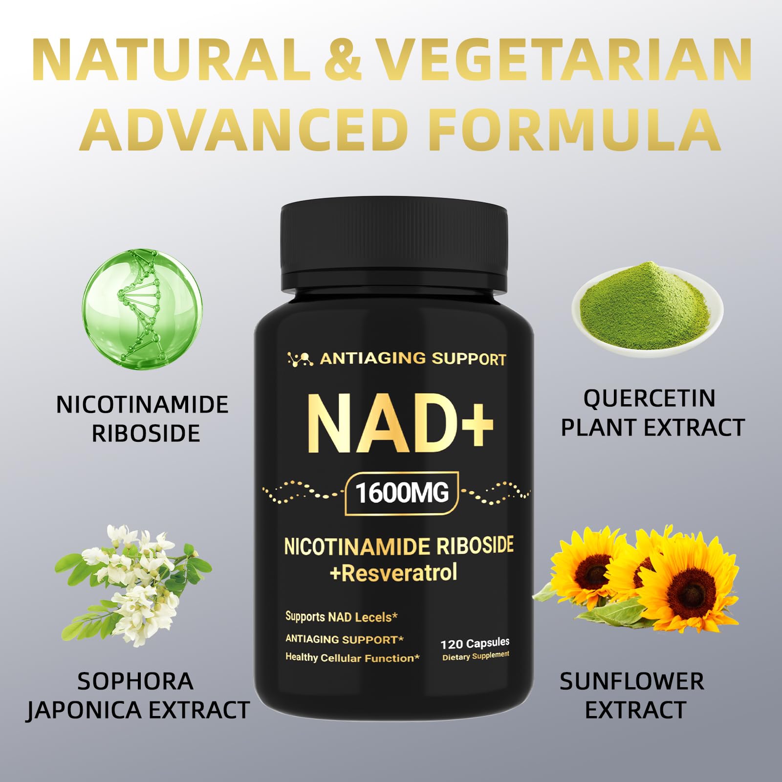 NAD Supplement 1600mg, NAD+ with Resveratrol & Nicotinamide Riboside, Anti-Aging Support, Cellular Energy & Mental Clarity Support, Vegan Non-GMO, 120 Capsules ANTIAGING SUPPORT uk supplements