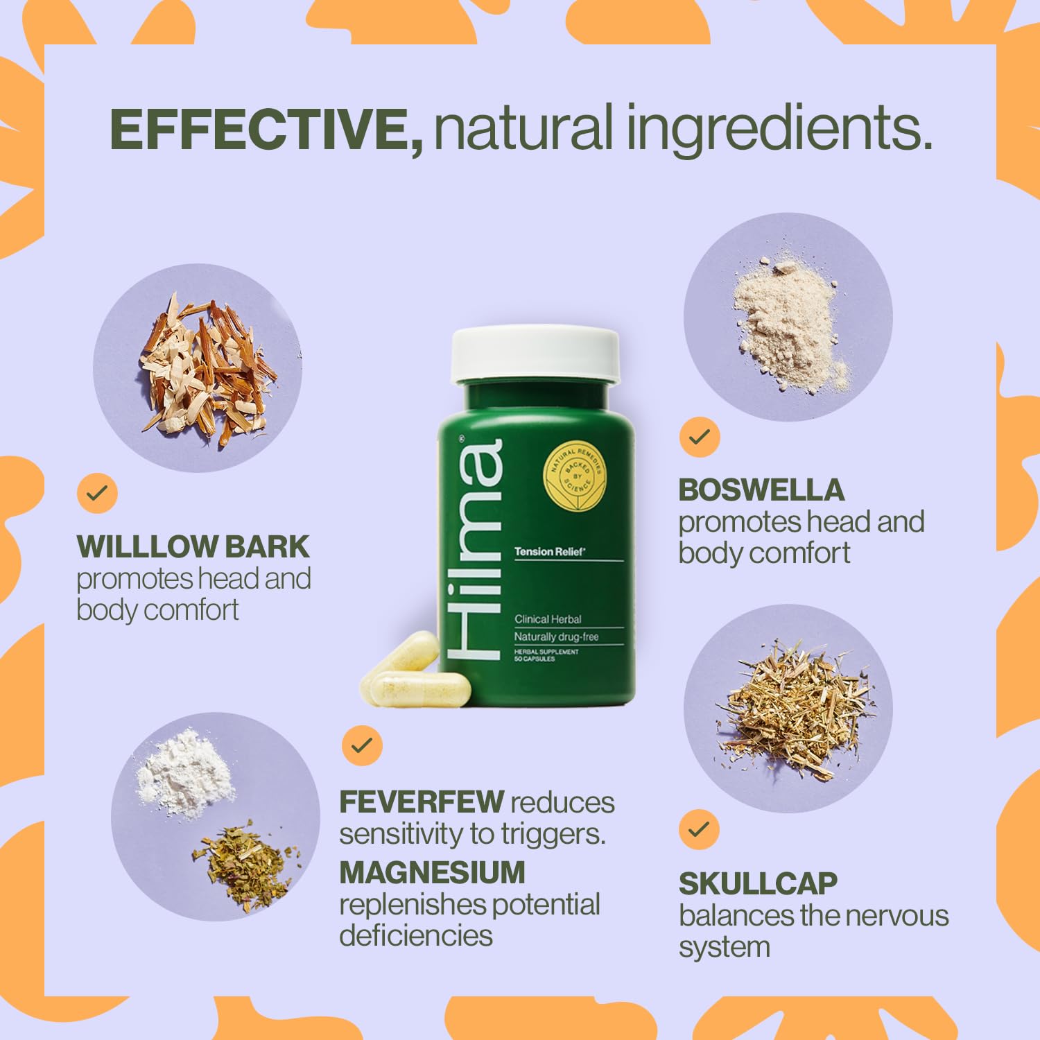 Hilma Natural Tension Headache Relief, Supplements with Magnesium, Boswellia and Feverfew, 50 Vegan Capsules Hilma uk supplements