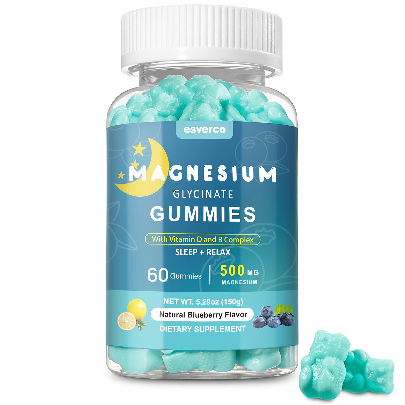 Esverco Magnesium Glycinate Gummies 500mg Sleep for Men & Women Vitamin C, Vegan Promotes Relaxation Muscle, Chewable Magnesium, No Melatonin, Non GMO, Natural Blueberry Flavor, 60 Count esverco uk supplements