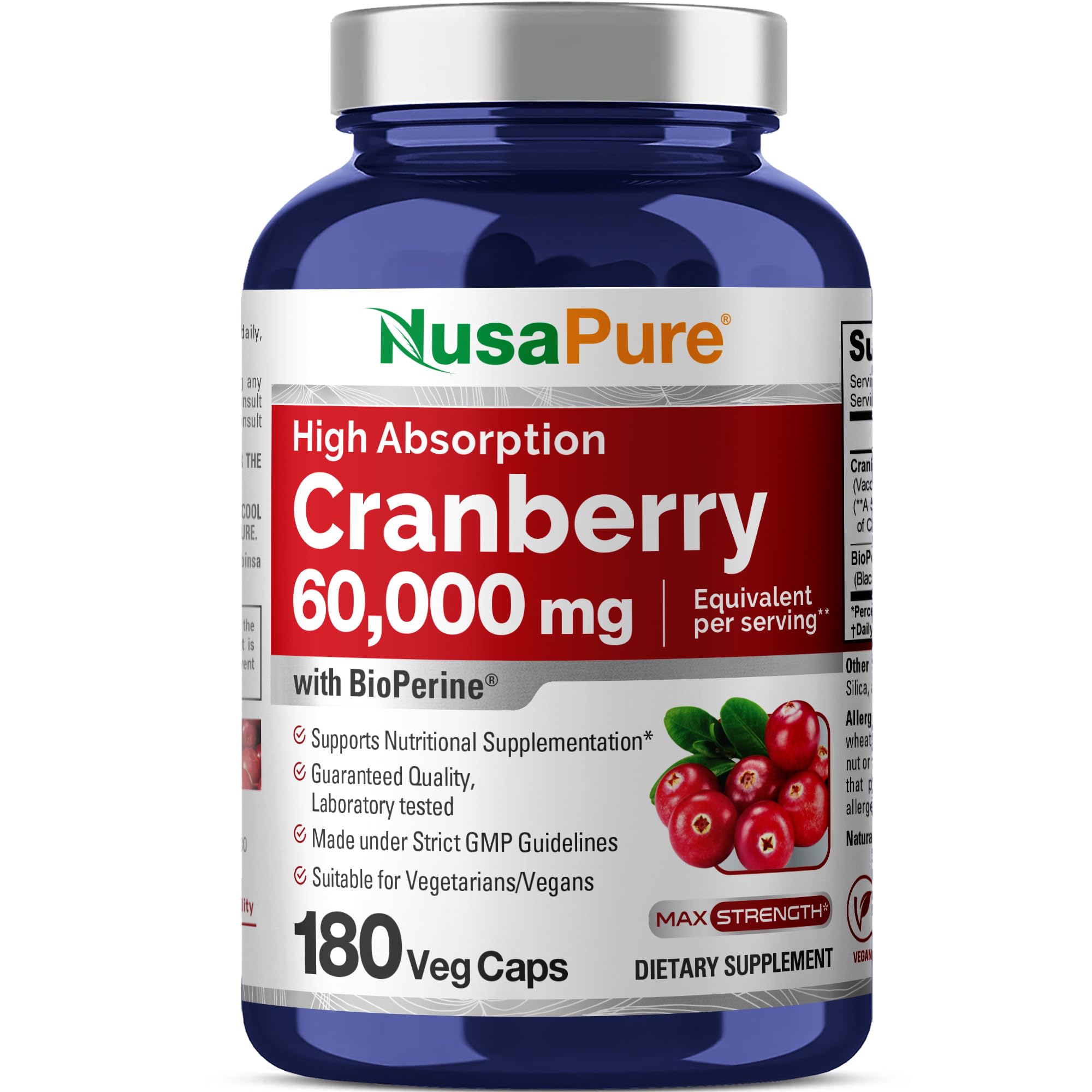 NusaPure Cranberry 60,000 mg 180 Veg Caps (Bioperine, Non-GMO, Vegan) NusaPure uk supplements