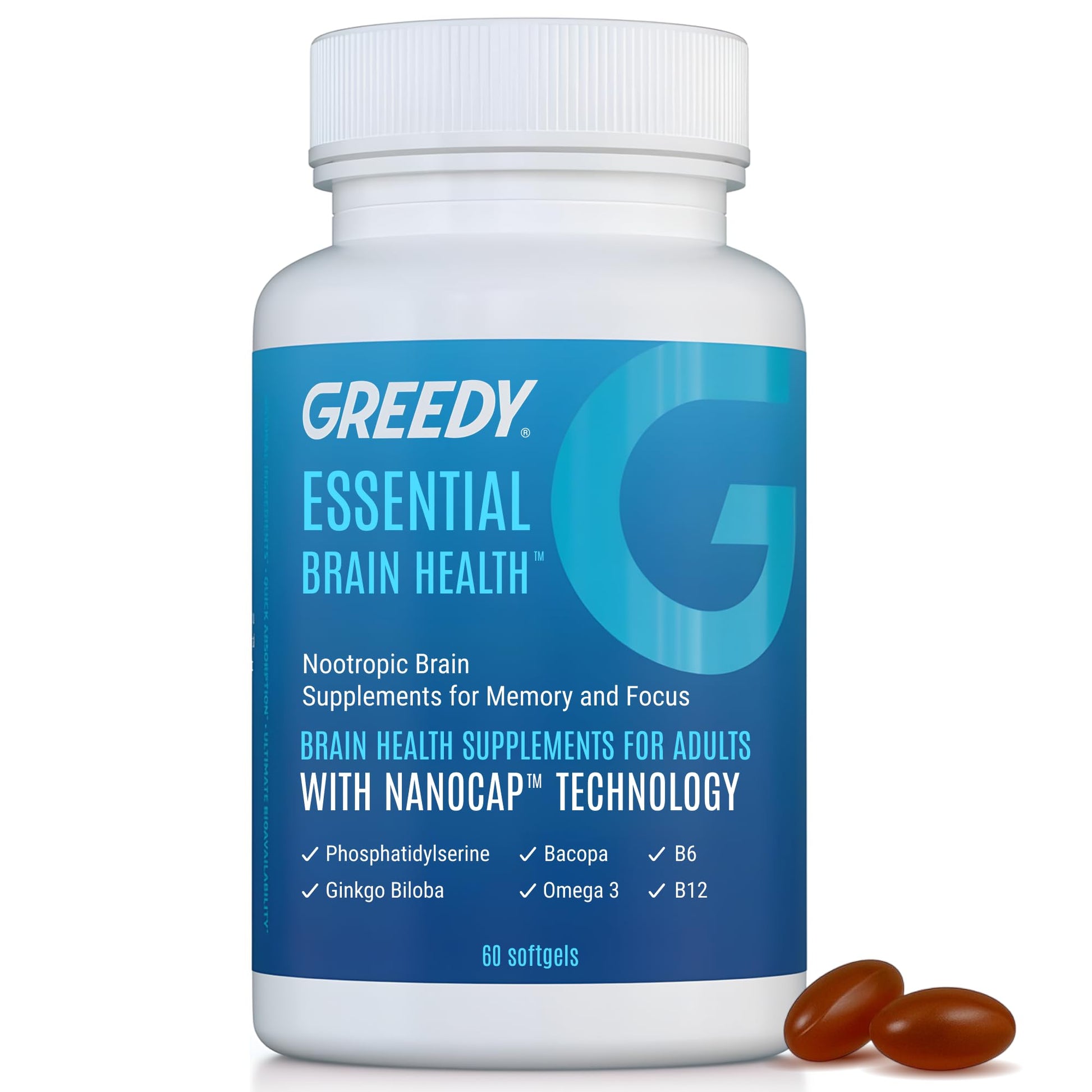 Essential Brain Health Supplements Nootropic for Memory and Focus – for Adults with NanoCap® Technology, Phosphatidylserine, Bacopa, Ginkgo Biloba, Omega 3, B6, B12, 60 Softgels by Greedy® Nutrition Platinum Health uk supplements