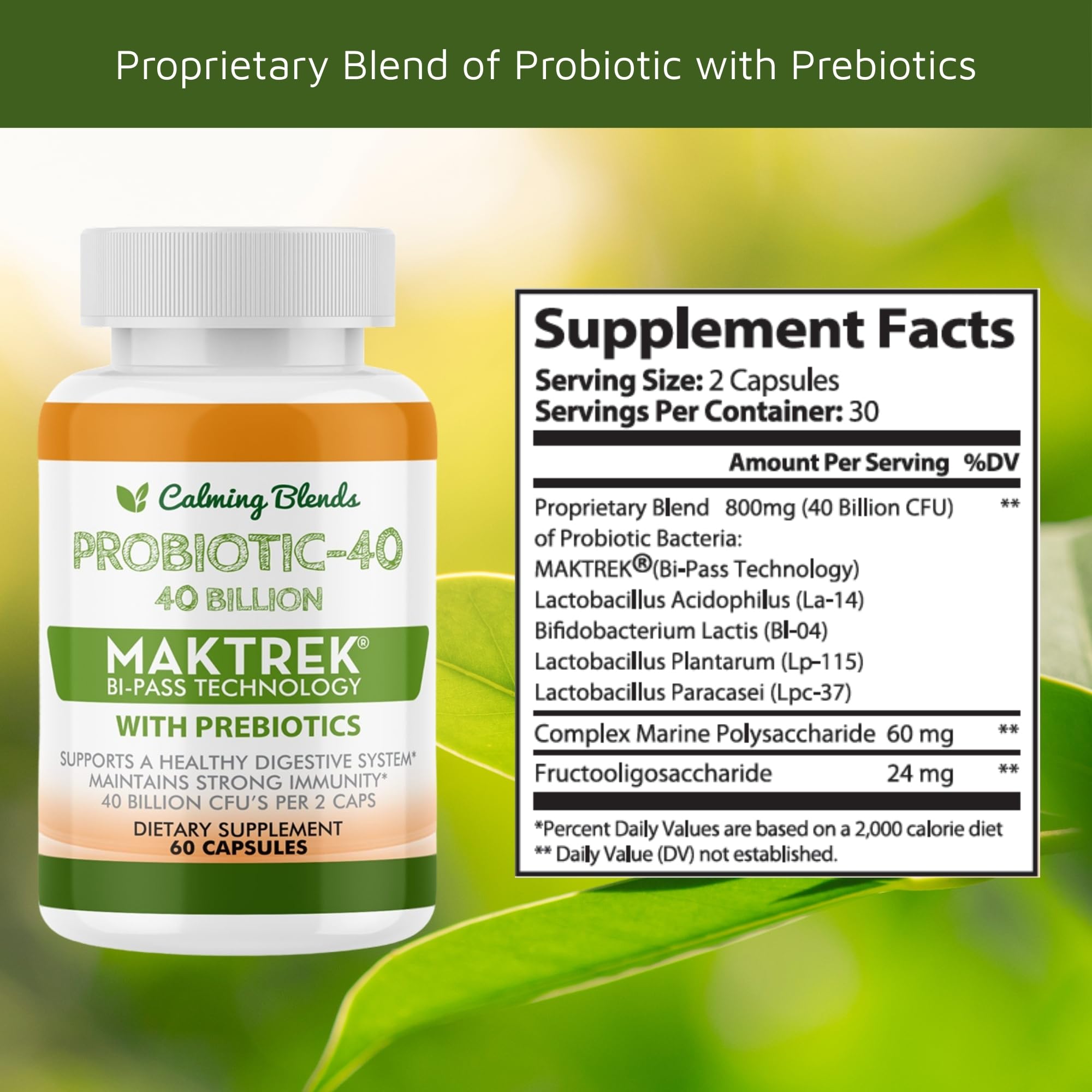CALMING BLENDS Probiotic, 40 Billion CFU, Bi-Pass Delivery System for Maximum Effectiveness, Shelf Stable, 60 Vegetable Capsules CALMING BLENDS uk supplements
