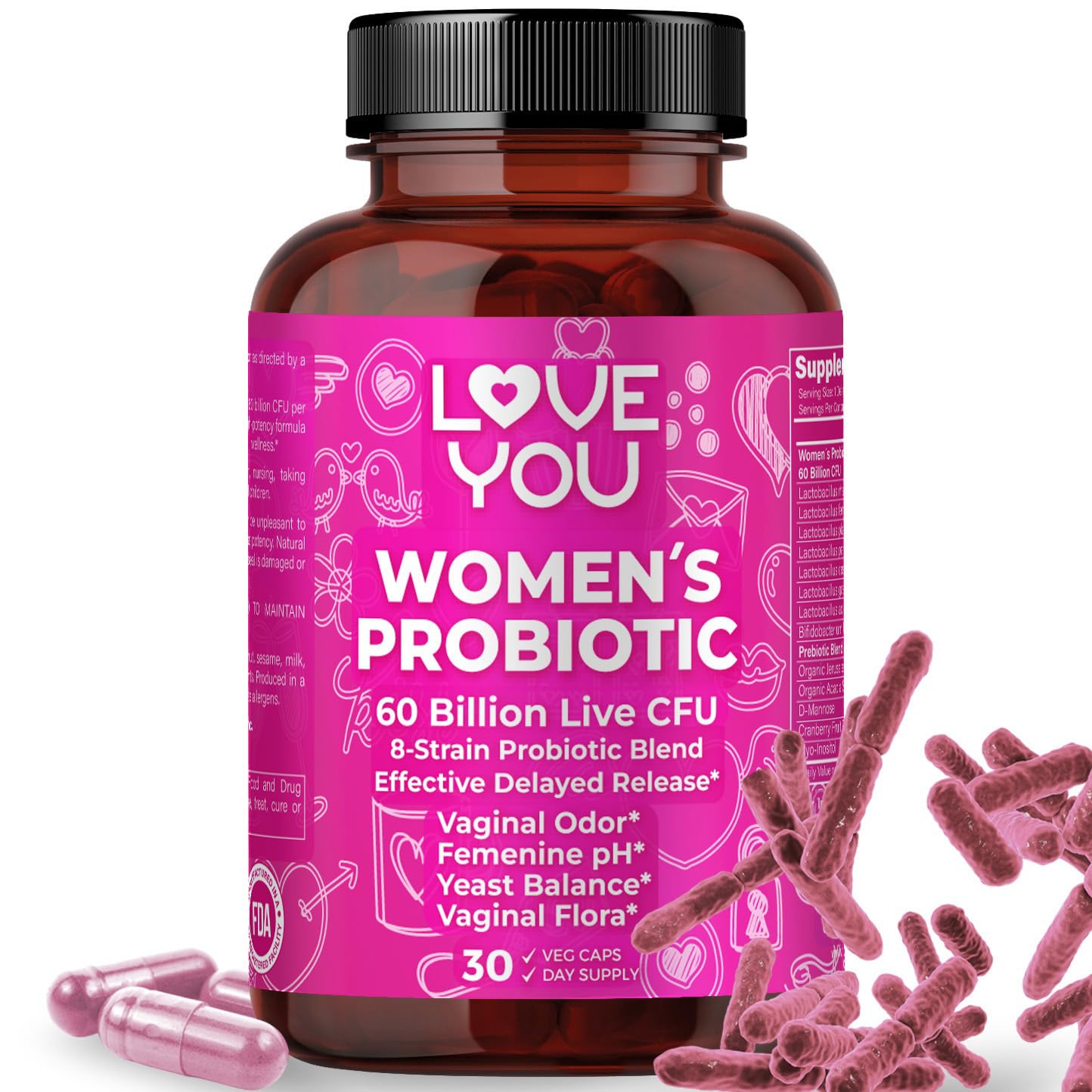 Love You Womens Probiotic, Ph Balance, Ut, Feminine, Vaginal Health Supplement, Digestive, Pre + Pro + Postbiotic, Delayed Release, 60 Billion Live CFU, 8-Strain Probiotic Blend, 30 Veg Caps Servings Love You uk supplements