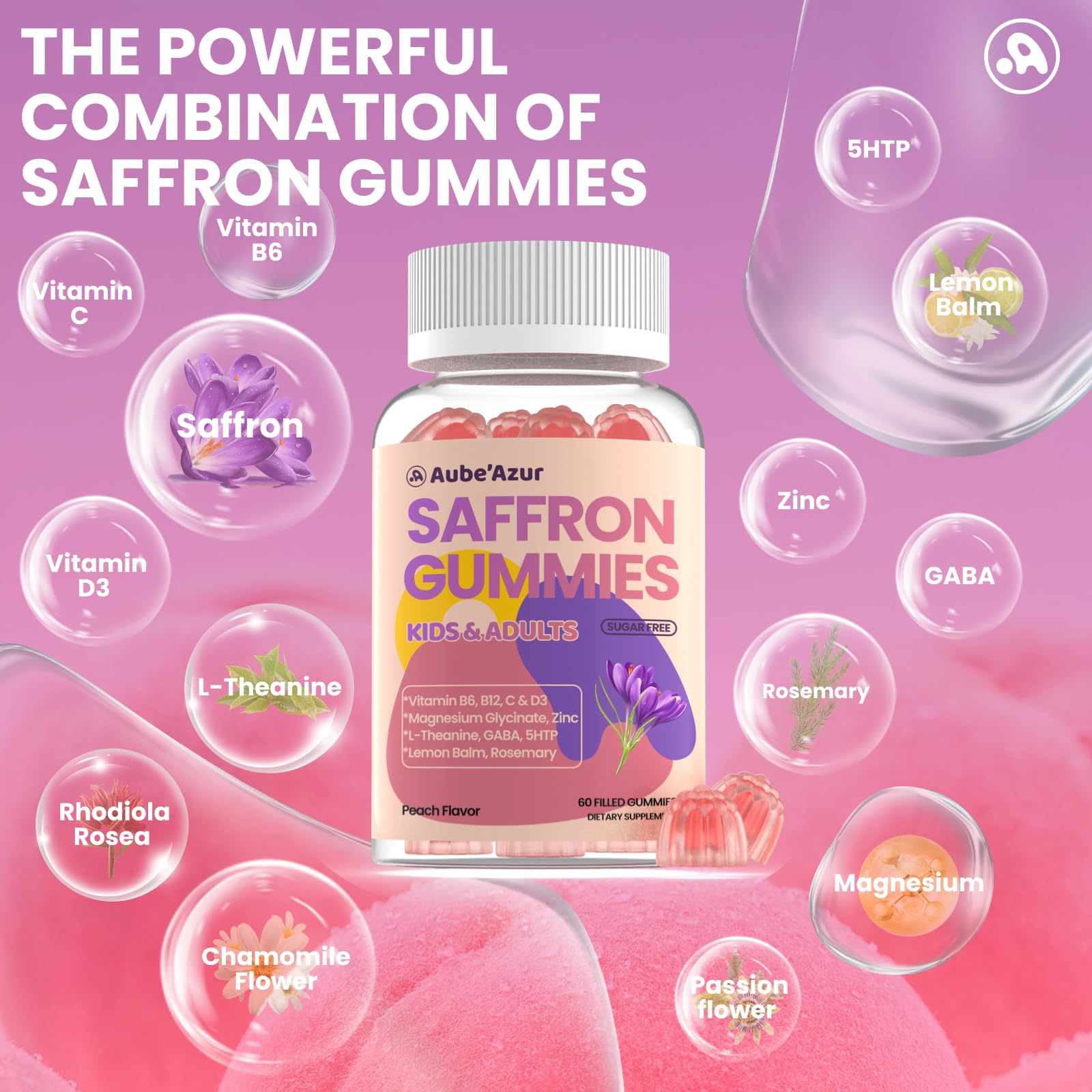 Saffron Gummies for Kids Adults 88.5mg, 15-in-1 Saffron Supplements for Kids, with B6, B12, C, D3, Magnesium Glycinate, Zinc for Nerve, Rest, Focus, Sugar Free, Vegan, Non- GMO, Peach Flavor, 60 Count Aube'Azur uk supplements