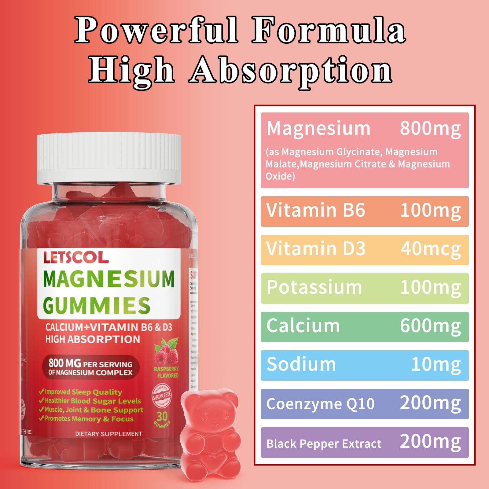 LETSCOL Magnesium Glycinate Gummies 800mg Per Serving, Sugar Free Magnesium Supplement with Magnesium Malate, Calcium, Vitamin D3, B6, CoQ10 for Calm Support & Zzz for Adults Kids LETSCOL uk supplements