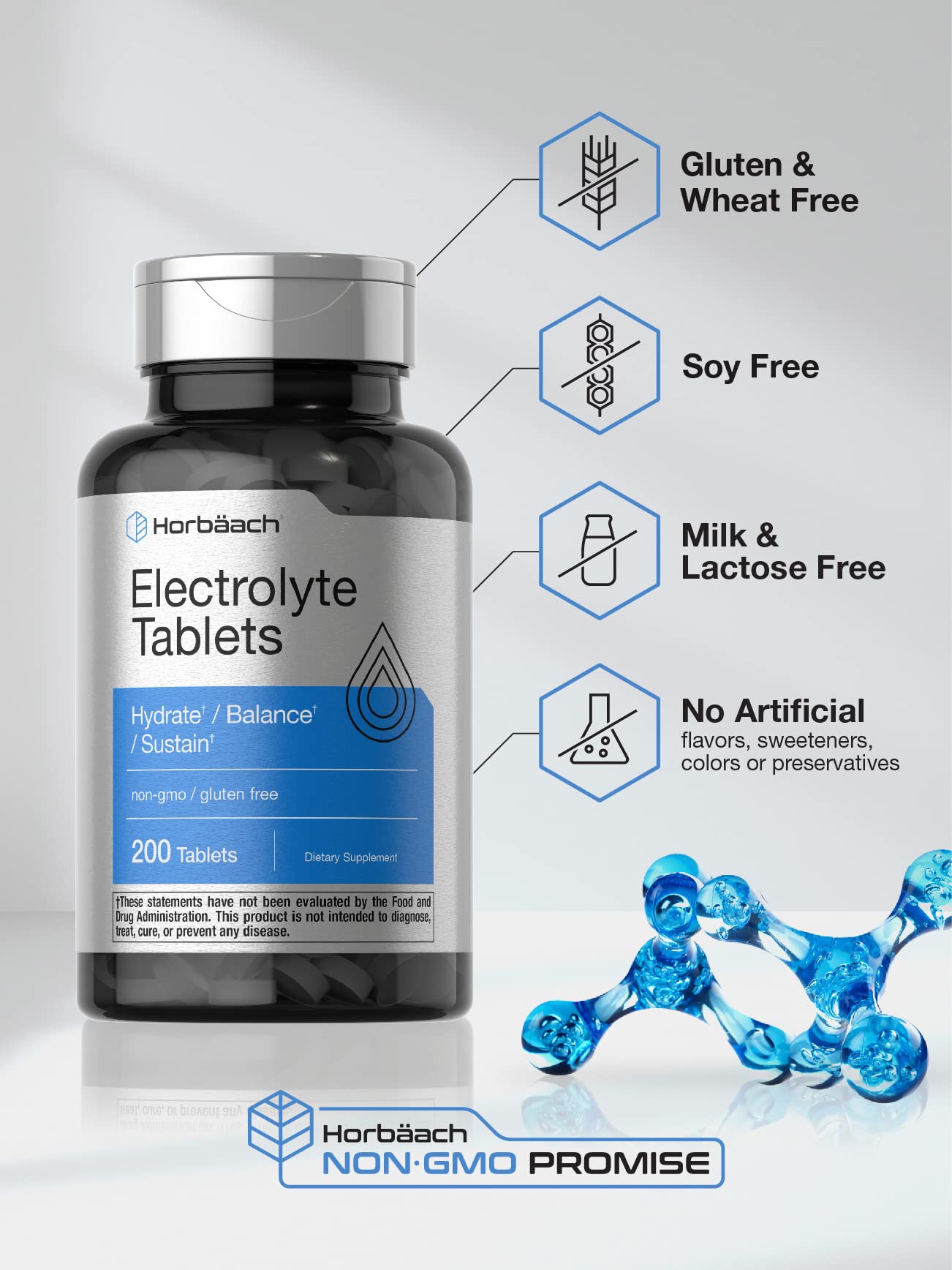 Horbäach Electrolyte Tablets | 200 Count | Helps Hydrate, Balance, & Sustain | with Calcium, Magnesium, Chloride, Sodium and Potassium | Vegetarian, Non-GMO & Gluten Free Horbäach uk supplements