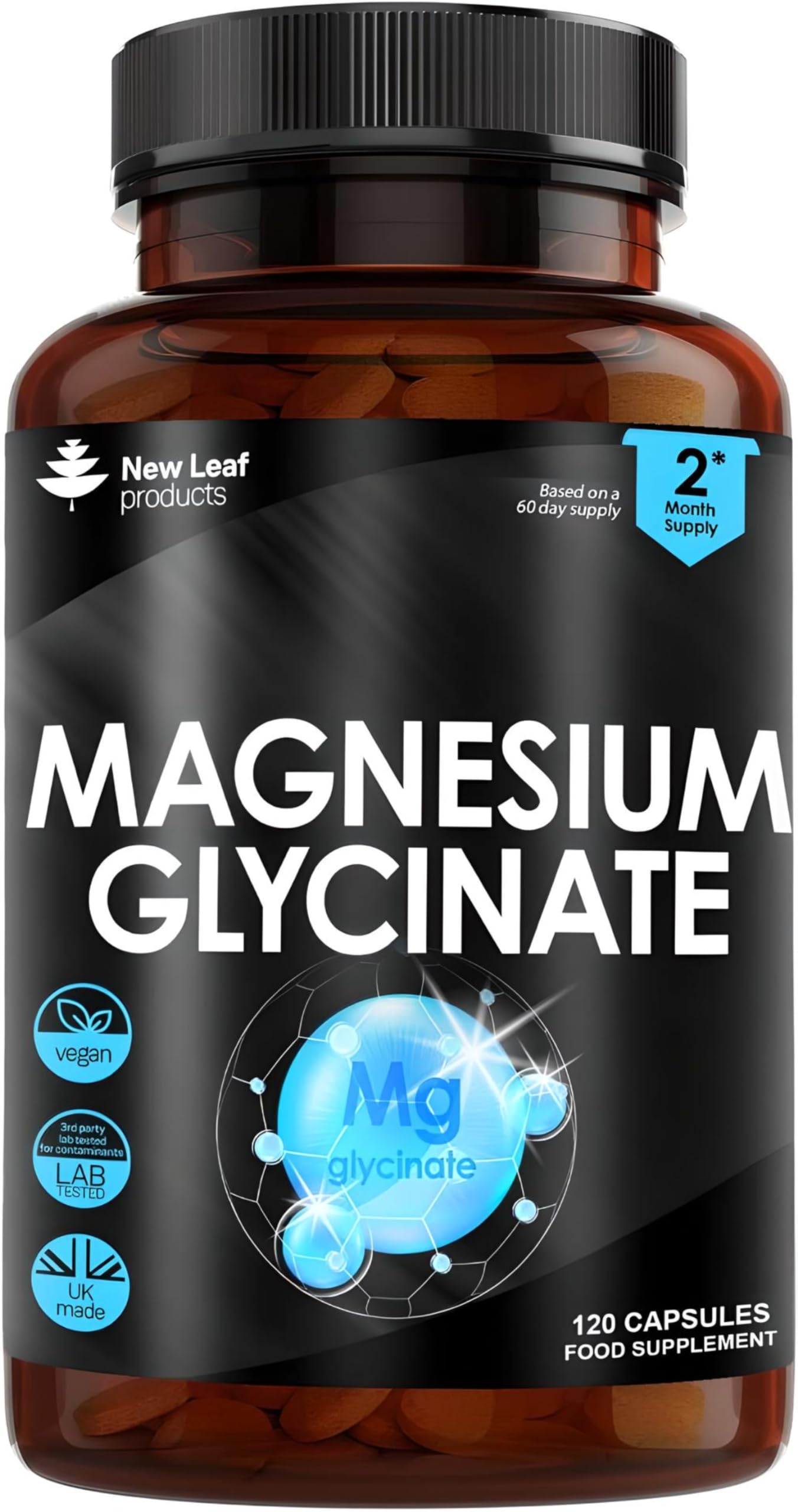 Magnesium Glycinate Supplements - 1040mg of Magnesium - 120 High Strength Capsules NEW LEAF PRODUCTS uk supplements