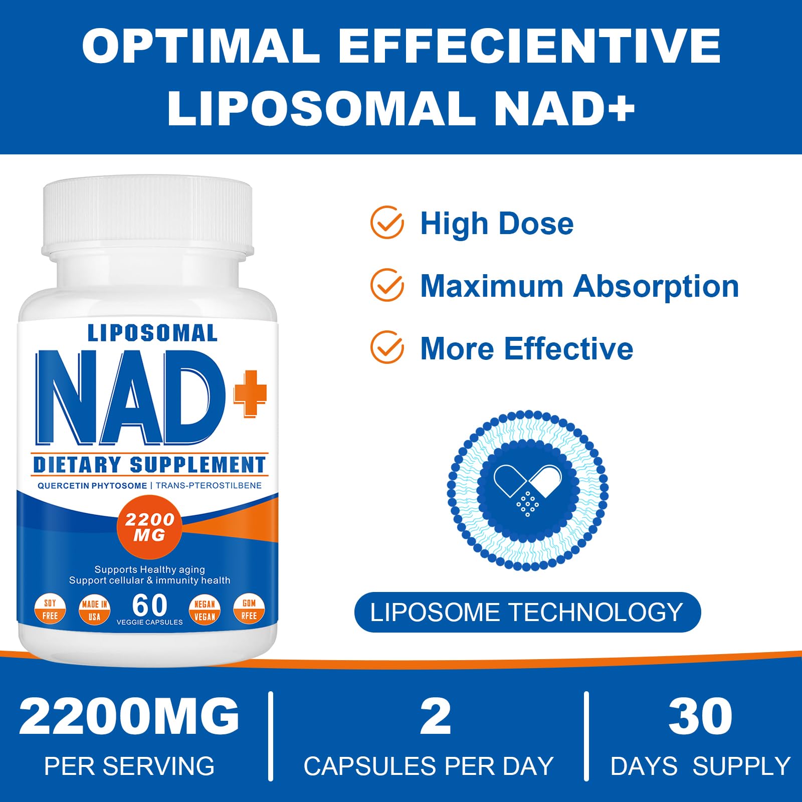 Spliferkou 2200mg Liposomal NAD+ Supplement - Enhances Cell Energy & Aging Defese, 60 Capsules Spliferkou uk supplements